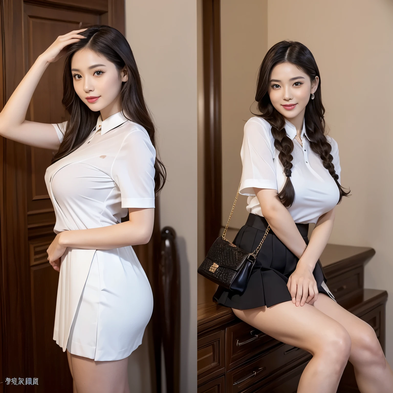 ((realistic)),(realistic light),((realistic skin)),(asian Chinese beautiful face),((Chinese sexy face)),((Chinese very sexy model)),((masterpiece)), (detailed), perfect face,(big boob),((big booty)),((sexy outfit)),((full body)),(thin),((very sexy long legs)),((beautiful legs)),(slim),skinny,((very sexy high heels)),karina aespa,winter aespa,((very hot young teen)),((nipple slip)),((boob flash)),((tits slip)),(teasing pose),(horny smile),((very sexy emotional face)),((boob slip)),((full stand models)),((very long long hair)),(looking at viewer),((carry luxury handbag)),(braid hairstyles),(black pleated skirt),((white shirt short sleeve)),((black pencil short skirt)),(black tight skirt),((Thai university uniform)),(random elegant pose),((luxury women watch)),(random exotic pose)