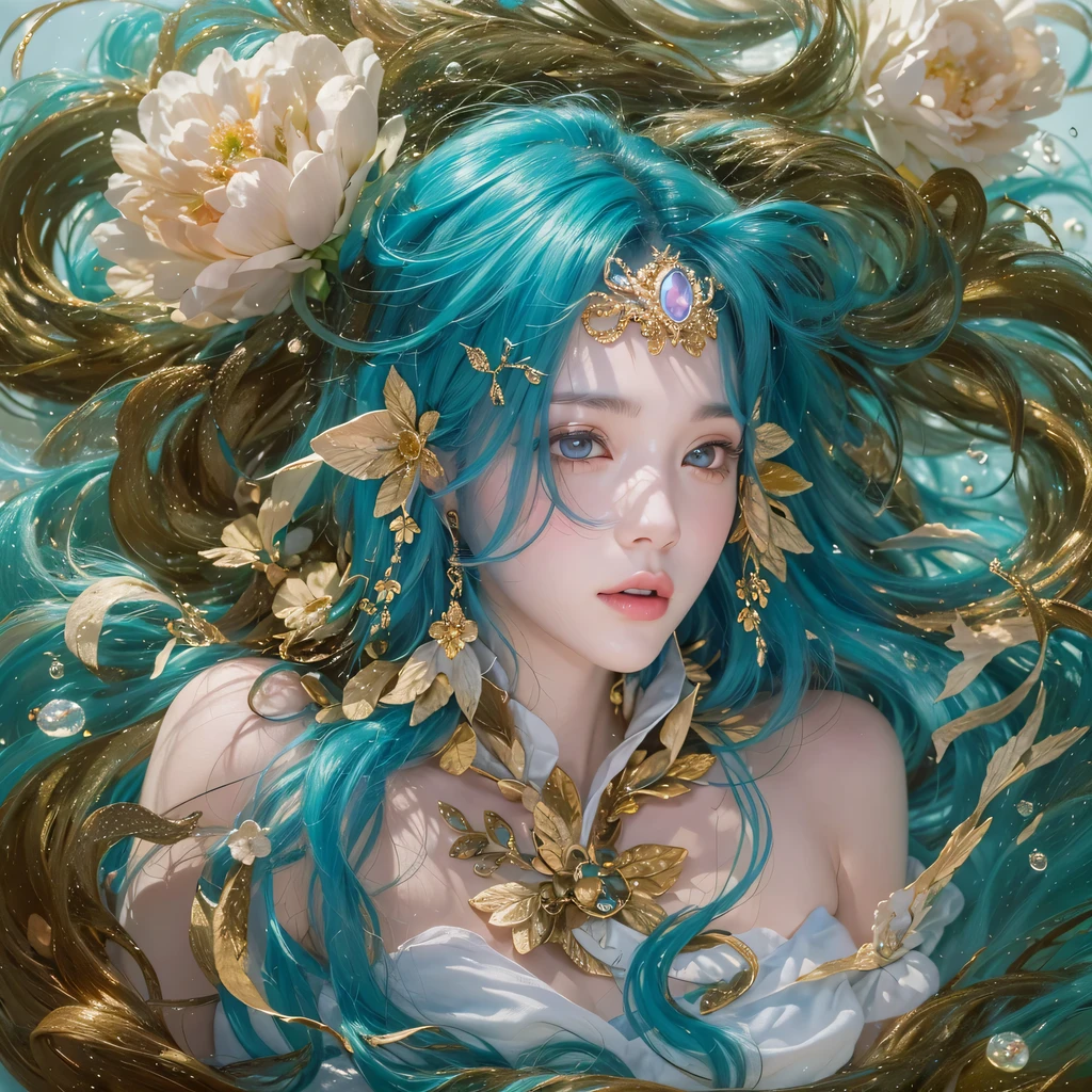 黄 blue colors,enamel,agate,A flesh-colored world,Blood Blue Maiden 32k(masterpiece,HD,Aoyama Pond,Ultra high quality,32k)long flowing bright blue hair,blood pool,Ziddink, a color,Grumpy (After greeting), (Linen scarf), fighting stance, looking at the ground, long white hair, Floating bright blue, Fire cloud gold headdress, Chinese long-sleeved gold silk burgundy garment, (Abstract metaverse splash:1.2), White background,Peony flower vitality protector(realistically:1.4),bright purple hair,Smoke on the road,The background is very pure, high resolution, detail, RAW photos, Sharp Re, Nikon D850 film photo by Jefferies Lee 4 Kodak Portra 400 camera F1.6 guns, colorful, Ultra-realistic and vivid textures, dramatic lighting, Unreal Engine Art Station Trend, Sinest 800,一个有着long flowing bright blue hair的女孩,huge colorful bubbles