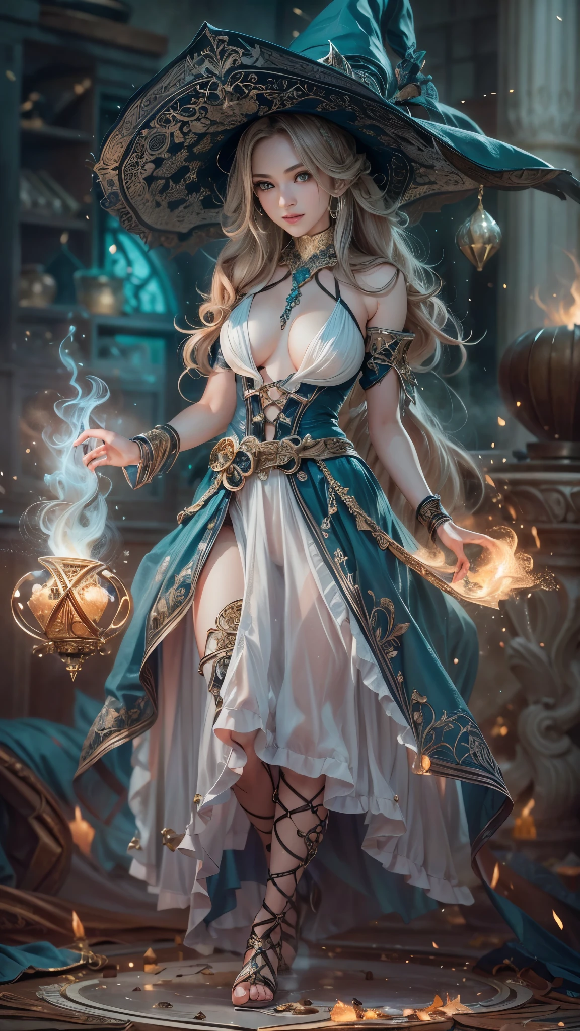 (RAW shooting:1.5, Photoreal:1.5, 8k, highest quality, masterpiece, ultra high resolution), magical world, perfect dynamic composition, Mysterious:1.3, Highly detailed skin and facial textures:1.3, Cute and sexy slim female wizard, beautiful and aesthetic, cute and sexy beauty, perfect style, wear elaborate rings, pose to cast a spell:1.3, fire, water, Wind, thunder, ice, Fair skin, very beautiful face, (Medium chest, Chest gap), (embarrassing smile, The expression on your face when you feel intense caress, Facial expression when feeling pleasure), (How to properly wear a sexy wizard costume off your shoulders), (beautiful blue eyes, Eyes that feel beautiful eros:0.8), (Too erotic:0.9, Bewitching:0.9), full body shot