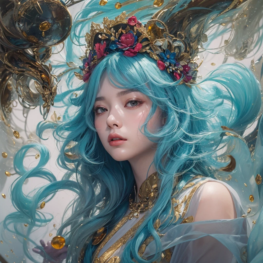 黄 blue colors，enamel，agate，A flesh-colored world，Blood Blue Maiden 32k（masterpiece，HD，Aoyama Pond，Ultra high quality，32k）long flowing bright blue hair，blood pool，Ziddink， a color，Grumpy （After greeting）， （Linen scarf）， fighting stance， looking at the ground， long white hair， Floating bright blue， Fire cloud gold headdress， Chinese long-sleeved gold silk burgundy garment， （Abstract metaverse splash：1.2）， White background，Peony flower vitality protector（realistically：1.4），bright purple hair，Smoke on the road，The background is very pure， high resolution， detail， RAW photos， Sharp Re， Nikon D850 film photo by Jefferies Lee 4 Kodak Portra 400 camera F1.6 guns, colorful, Ultra-realistic and vivid textures, dramatic lighting, Unreal Engine Art Station Trend, Sinest 800，一个有着long flowing bright blue hair的女孩，huge colorful bubbles