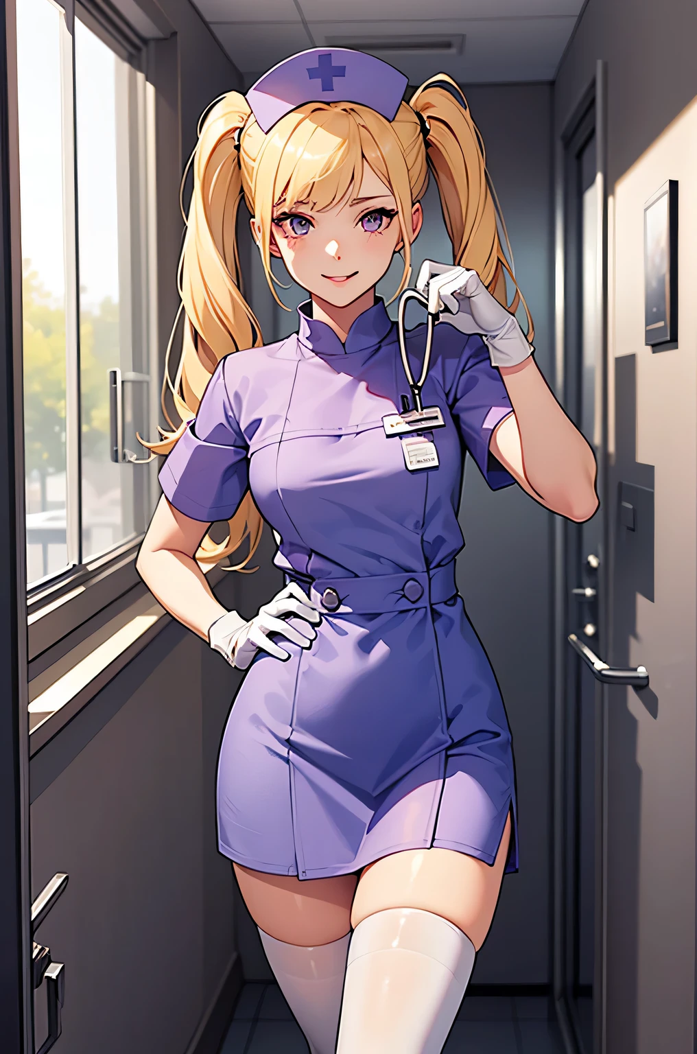 1 girl, alone, nurse, nurse cap, white clothes, ((white legwear, zettai ryouiki)), white gloves, twin tails, yellow hair, purple eyes, smile, Are standing, ((hospital room)), sharp outline, short sleeve, highest quality, masterpiece