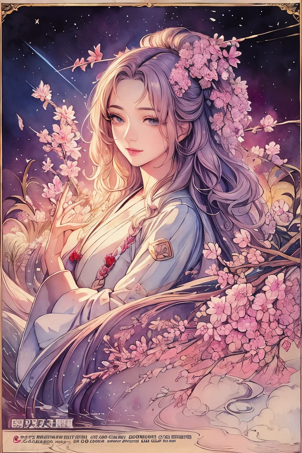 masterpiece: 1.7, top-quality, very extremely beautiful, Delicate use of colors、A detailed face、 art by, (watercolor paiting(Curly)、Official art、realisitic、Beautifully Aesthetic:1.3)、(1girl in:1.3)、(Fractal Art:1.3)、(Kimono)、The upper part of the body、From Side、looking at the viewers、patterns、Flowers and Birds Fugetsu、Yuki、Thousand Cranes、cloud、lantern、starrysky、stele、(masutepiece, Best Quality), Highly detailed, Sexy Female Ronin, Samurai, Cherry border, Japan tattoos, katanas, Japan, Night, Moonlight, Vector style art, Erotic, Movie Poster Style, lettering.