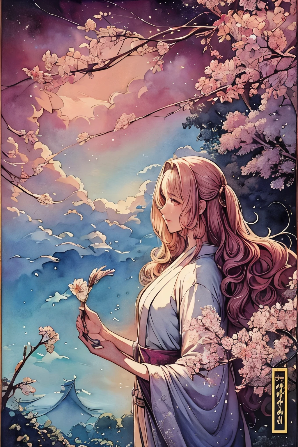 masterpiece: 1.7, top-quality, very extremely beautiful, Delicate use of colors、A detailed face、 art by, (watercolor paiting(Curly)、Official art、realisitic、Beautifully Aesthetic:1.3)、(1girl in:1.3)、(Fractal Art:1.3)、(Kimono)、The upper part of the body、From Side、looking at the viewers、patterns、Flowers and Birds Fugetsu、Yuki、Thousand Cranes、cloud、lantern、starrysky、stele、(masutepiece, Best Quality), Highly detailed, Sexy Female Ronin, Samurai, Cherry border, Japan tattoos, katanas, Japan, Night, Moonlight, Vector style art, Erotic, Movie Poster Style, lettering.