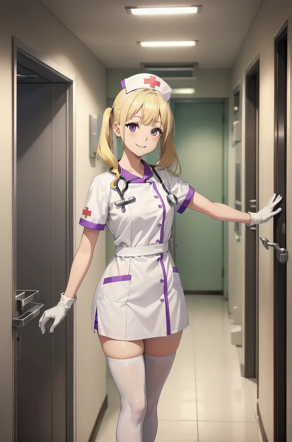 1 girl, alone, nurse, nurse cap, white clothes, ((white legwear, zettai ryouiki)), white gloves, twin tails, yellow hair, purple eyes, smile, Are standing, ((hospital room)), sharp outline, short sleeve, highest quality, masterpiece