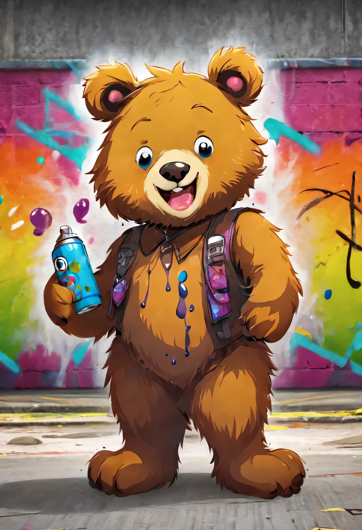 charming,Bear,Permanently installed,graffiti wall,cartoon style,Lovely,rich and colorful,Playful,outdoor environment,artistic,pleasure,Imaginative,Comic vibe,Lovely,whimsical,Detailed fur texture,expressive face,round eyes,round ears,smiling,Take the spray can,dripping paint effect,city background,warm light,rich and colorful backdrop,eye-catching,graffiti art,passionate gesture,cheerful atmosphere,artistic ,creative expression