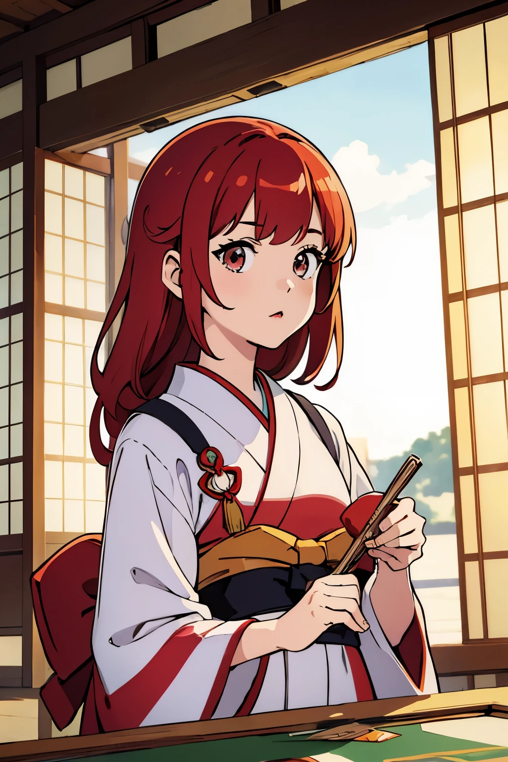 (Best quality:1.1), (Masterpiece:1.4), (Illustration fantastique:1.2), 1fille, cute girl, red hair, white clothes, japanese girl, japan 🇯🇵