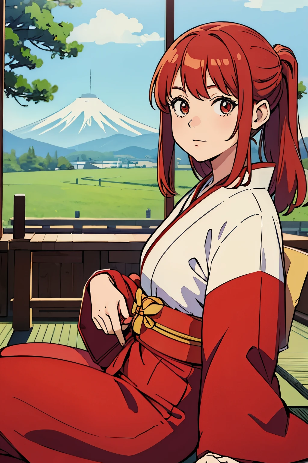 (Best quality:1.1), (Masterpiece:1.4), (Illustration fantastique:1.2), 1fille, cute girl, red hair, white clothes, japanese girl, japan 🇯🇵