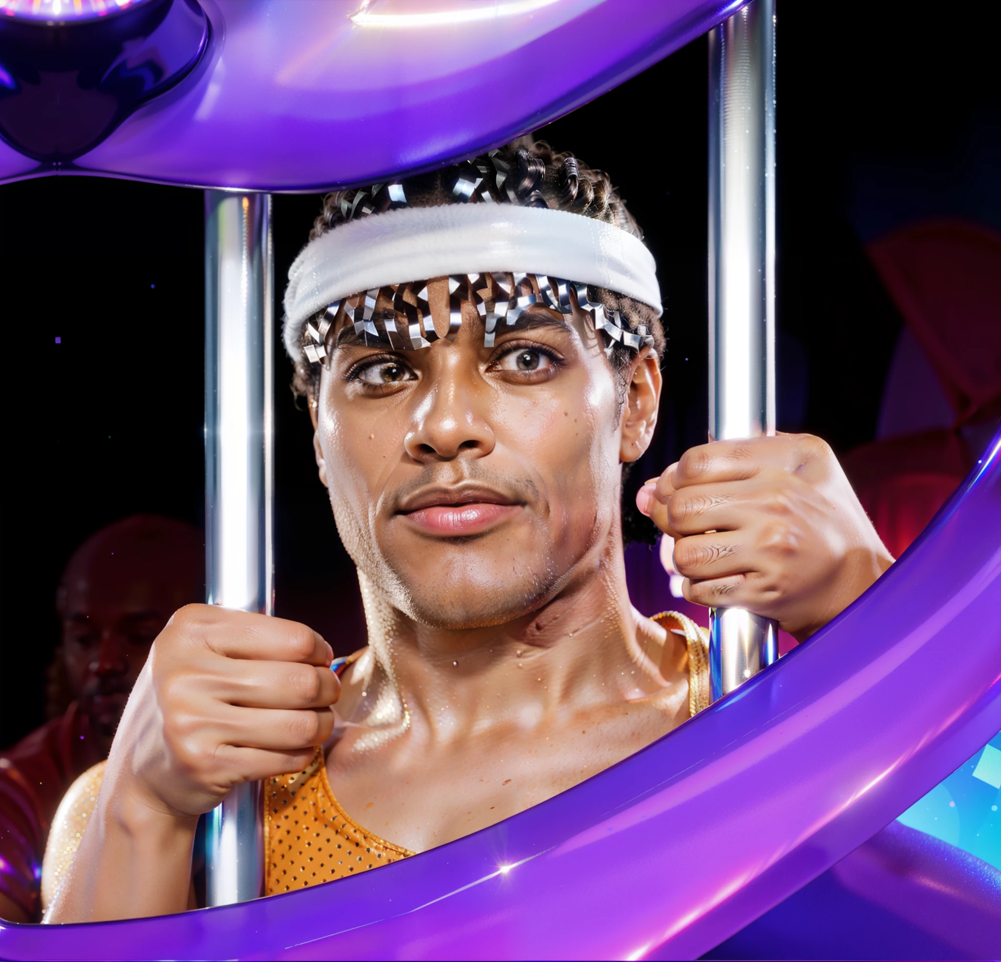 (afro-american man,glossy skin,detailed skin,rim light,scared man with pigtails and headband,black man,realistic),(best quality,4k,high resolution),ultra-detailed, glossy metallic skin, man behind bars in prison, man scared, black man, afroamerican man, cell bars, glossy texture, smooth 3d model, multiple light sources, rim light, sharp post effects render, (glossy metallic texture with multiple big light probe refractions), perfect cgi, cgi art created only with gradients, smooth silhouette, high intensity refraction, (super glossy chrome material), most beautiful vfx, blue background, chrome metal refractions, rim light, high resolution, realistic