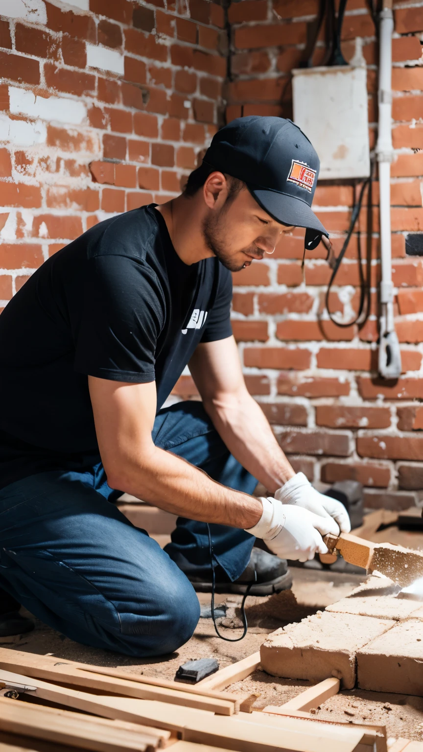 a man in work clothes who is renovating his room, laying bricks on the wall, touching the wall with his hands, there is a bucket with impregnation on the floor and other tools, he is focused on his work