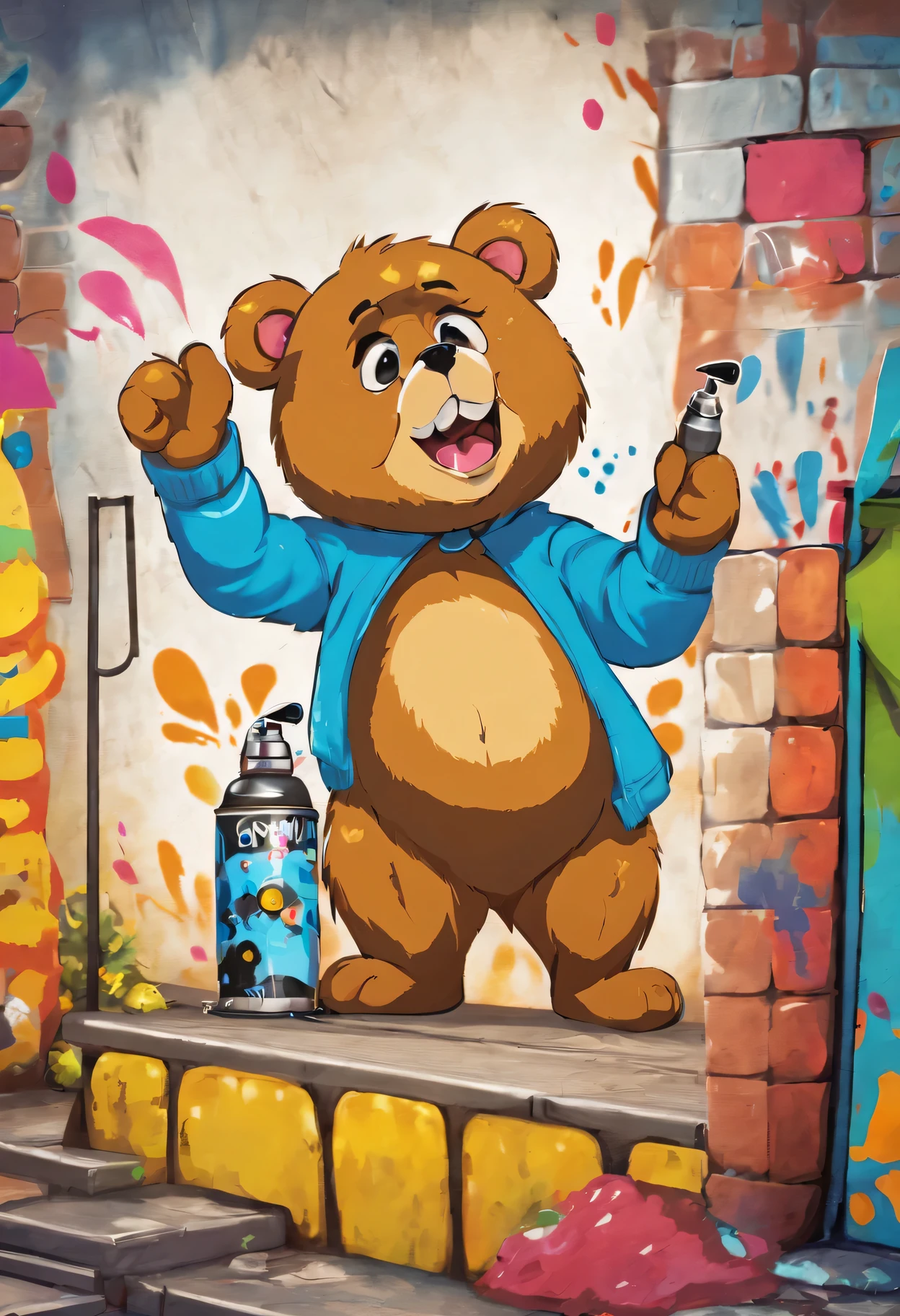 charming,Bear,Permanently installed,graffiti wall,cartoon style,Lovely,rich and colorful,Playful,outdoor environment,artistic,pleasure,Imaginative,Comic vibe,Lovely,whimsical,Detailed fur texture,expressive face,round eyes,round ears,smiling,Take the spray can,dripping paint effect,city background,warm light,rich and colorful backdrop,eye-catching,graffiti art,passionate gesture,cheerful atmosphere,artistic ,creative expression