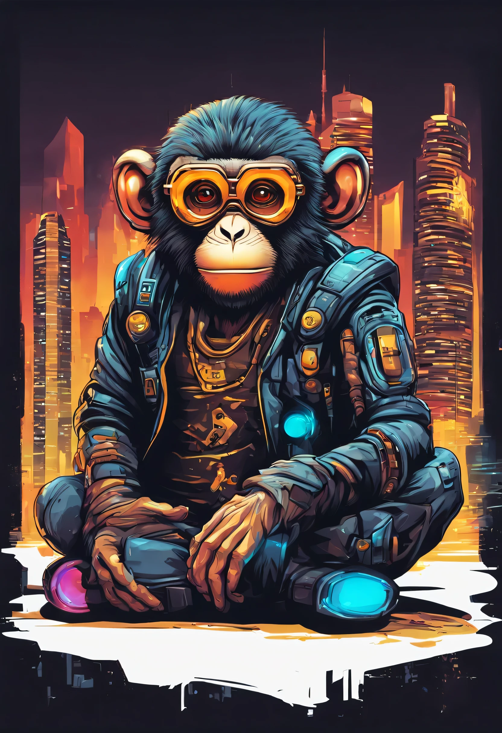A futuristic monkey figure, with lights in eyes, surrounded by vibraprint ready vector t-shirt design, cyberpunk monkey illustration, side view, sticker, clean white background, professional vector, high detail, t-shirt design, graffiti, vibrant nt futuristic cityscape.A futuristic monkey figure, with lights in eyes, surrounded by vibraprint ready vector t-shirt design, cyberpunk monkey illustration, side view, sticker, clean white background, professional vector, high detail, t-shirt design, graffiti, vibrant nt futuristic cityscape.