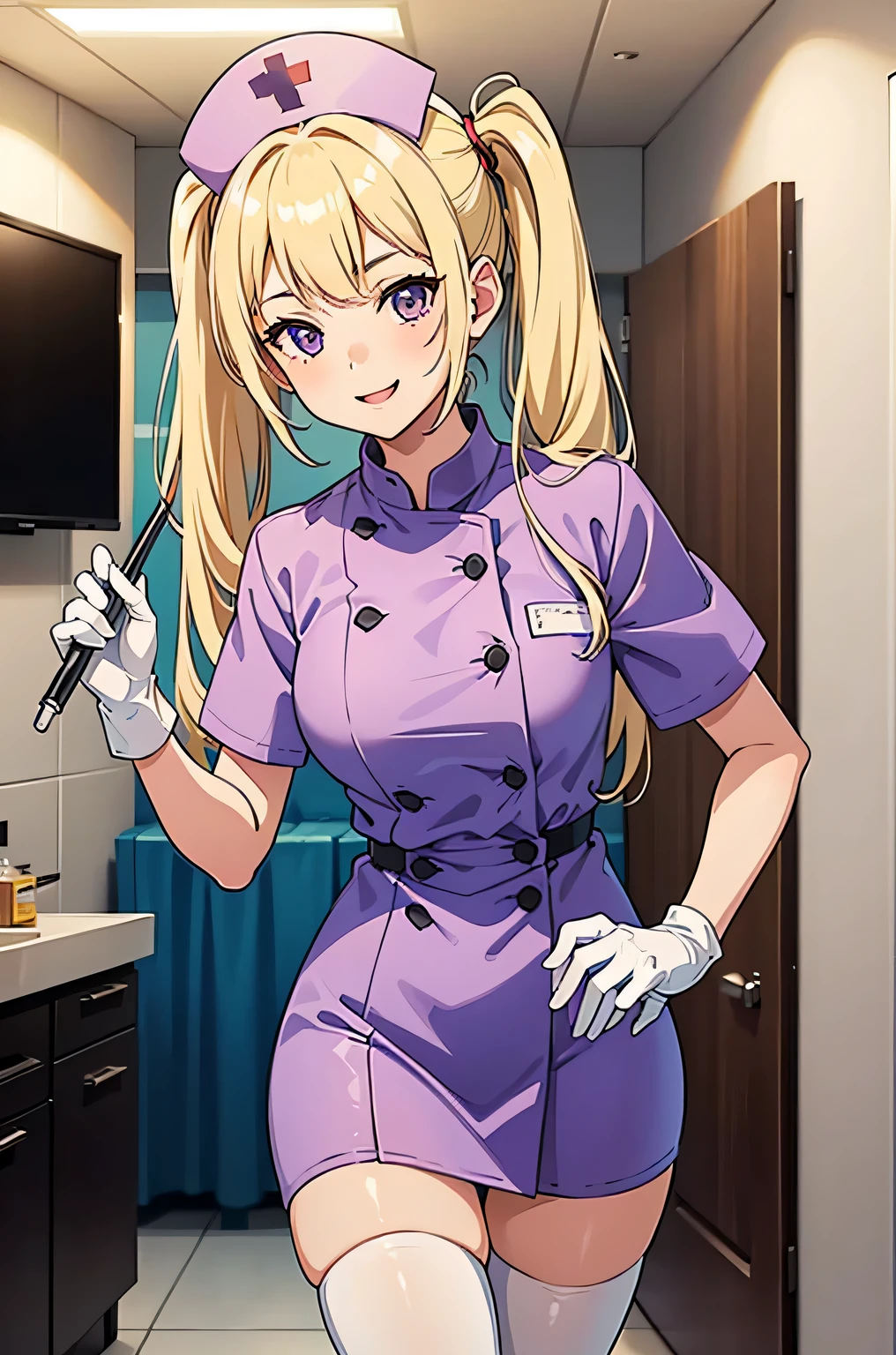 1 girl, alone, nurse, nurse cap, white clothes, ((white legwear, zettai ryouiki)), white gloves, twin tails, yellow hair, purple eyes, smile, Are standing, ((hospital room)), sharp outline, short sleeve, highest quality, masterpiece