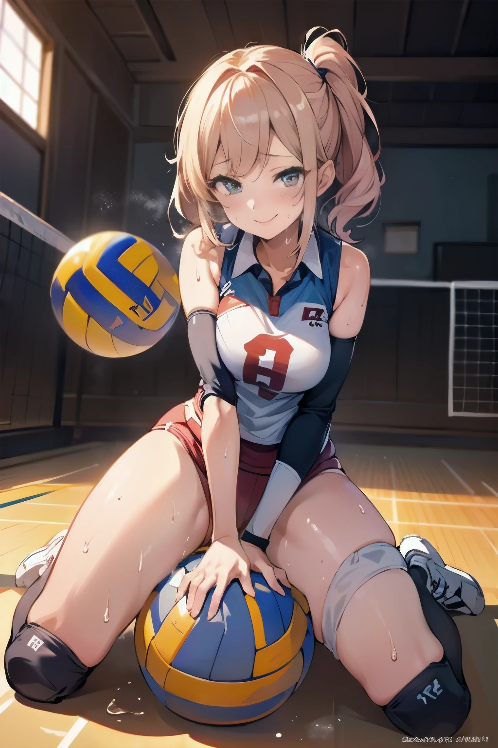 unity 8k wallpaper, anatomically correct, (((masterpiece))), (((best quality))), (((ultra detailed))), (((high-resolution))), ((Ultimate cutie)), perfect hands, perfect finger, (((good anatomy))), detailed beautiful face, shiny hair, (((gyaru))), (potbelly), (curvy), medium breasts, ((Thick thighs)), (((solo))), ((seductive smile)), (((blush))),
BREAK, (((sit astride the perfectly spherical shape 6-inch volleyball))), (((Straddling a perfectly spherical 6" volleyball))), (((Perfectly spherical 6" volleyball fits perfectly crotch))), BREAK, (((Rub the Perfectly spherical 6" volleyball against crotch))), masturbation,
BREAK, (Collared volleyball uniforms), sleeveless, ((buruma)), ((kneepad)), pussy juice stained, (elbow pad), (((sweat))), (((covered in sweat))), ((deep breathing)), in Volleyball Court, indoor, lighting, looking at viewer, full body, (spoken heart)