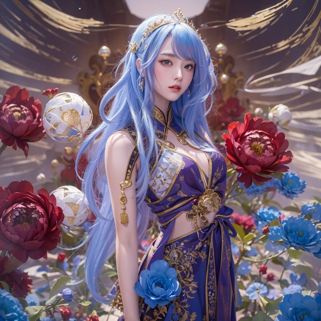 黄 blue colors，enamel，agate，A flesh-colored world，Blood Blue Maiden 32k（masterpiece，HD，Aoyama Pond，Ultra high quality，32k）long flowing bright blue hair，blood pool，Ziddink， a color，Grumpy （After greeting）， （Linen scarf）， fighting stance， looking at the ground， long white hair， Floating bright blue， Fire cloud gold headdress， Chinese long-sleeved gold silk burgundy garment， （Abstract metaverse splash：1.2）， White background，Peony flower vitality protector（realistically：1.4），bright purple hair，Smoke on the road，The background is very pure， high resolution， detail， RAW photos， Sharp Re， Nikon D850 film photo by Jefferies Lee 4 Kodak Portra 400 camera F1.6 guns, colorful, Ultra-realistic and vivid textures, dramatic lighting, Unreal Engine Art Station Trend, Sinest 800，一个有着long flowing bright blue hair的女孩，huge colorful bubbles