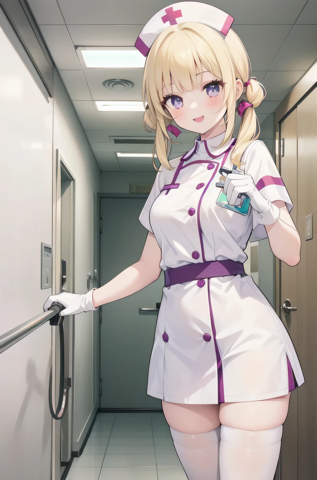 1 girl, alone, nurse, nurse cap, white clothes, ((white legwear, zettai ryouiki)), white gloves, twin tails, yellow hair, purple eyes, smile, Are standing, ((hospital room)), sharp outline, short sleeve, highest quality, masterpiece