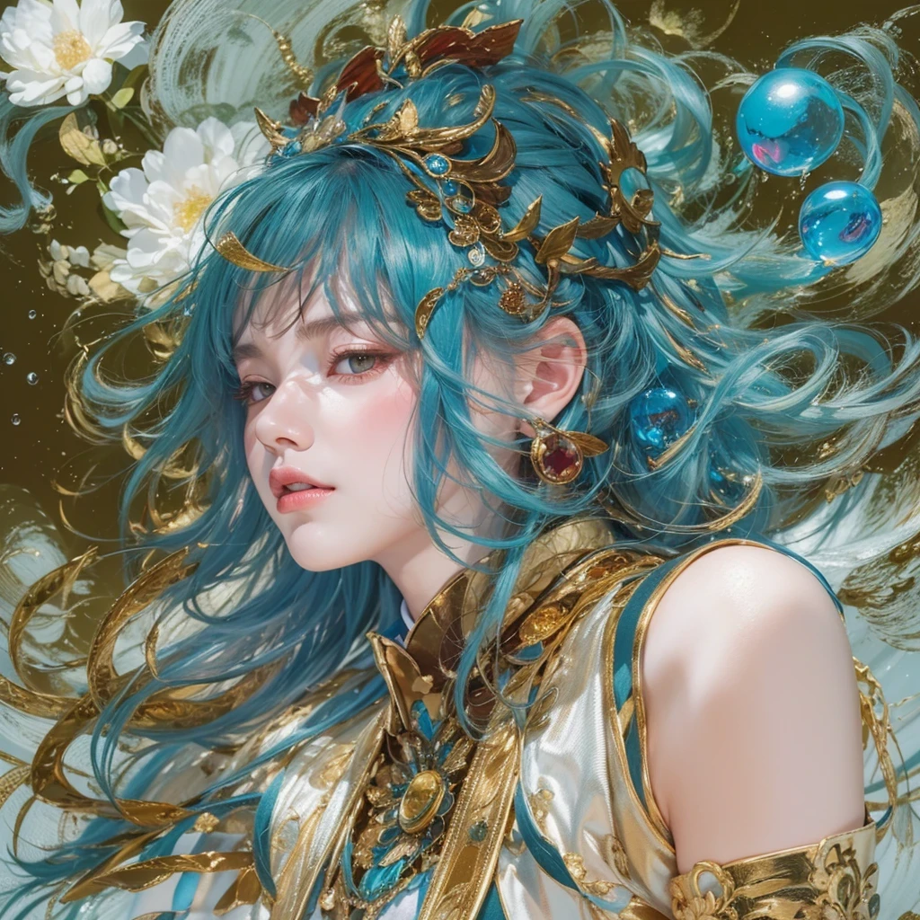 黄 blue colors,enamel,agate,A flesh-colored world,Blood Blue Maiden 32k(masterpiece,HD,Aoyama Pond,Ultra high quality,32k)long flowing bright blue hair,blood pool,Ziddink, a color,Grumpy (After greeting), (Linen scarf), fighting stance, looking at the ground, long white hair, Floating bright blue, Fire cloud gold headdress, Chinese long-sleeved gold silk burgundy garment, (Abstract metaverse splash:1.2), White background,Peony flower vitality protector(realistically:1.4),bright purple hair,Smoke on the road,The background is very pure, high resolution, detail, RAW photos, Sharp Re, Nikon D850 film photo by Jefferies Lee 4 Kodak Portra 400 camera F1.6 guns, colorful, Ultra-realistic and vivid textures, dramatic lighting, Unreal Engine Art Station Trend, Sinest 800,一个有着long flowing bright blue hair的女孩,huge colorful bubbles
