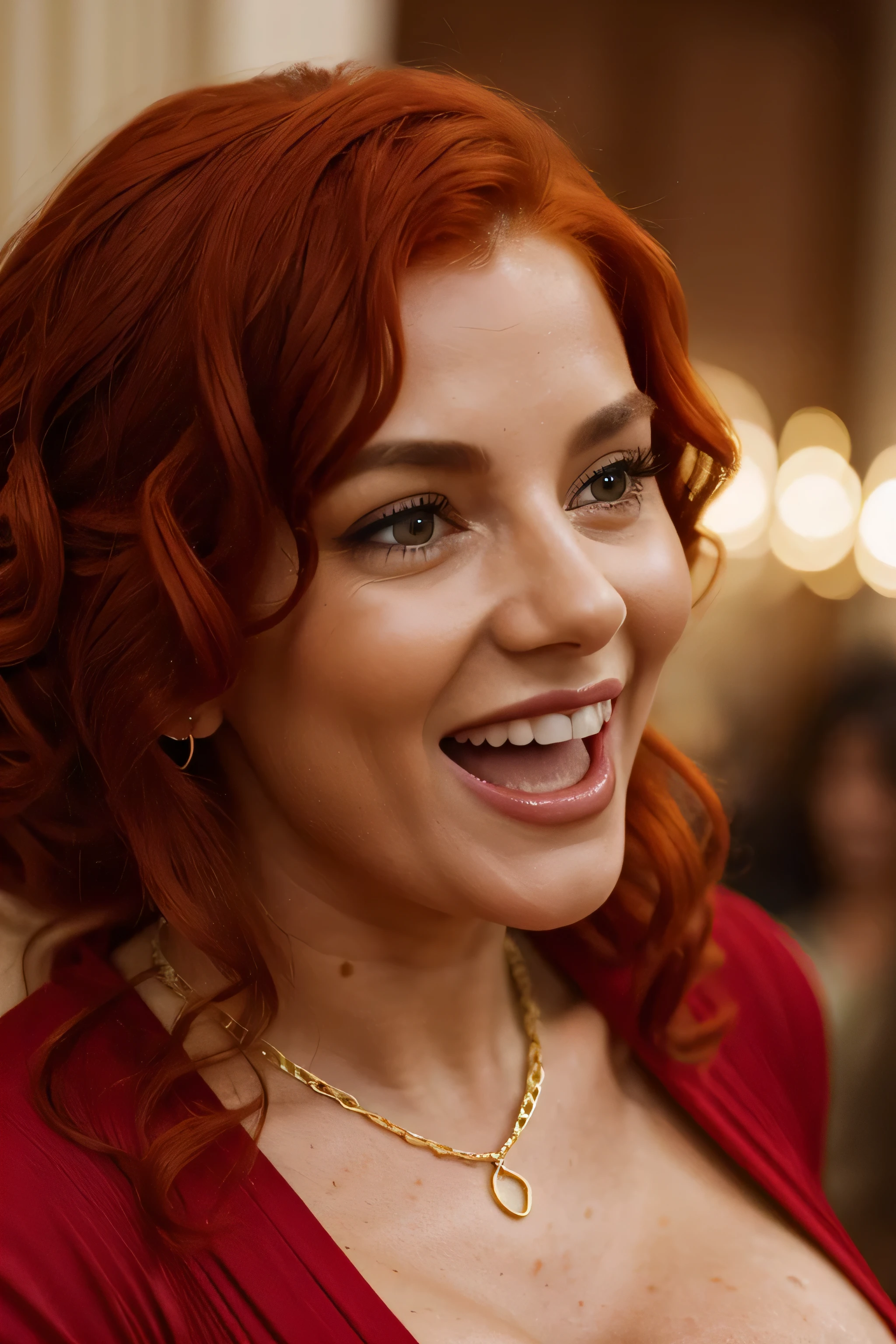 a woman with red hair wearing a green dress, tumblr, 0 0 0 bc, wearing gold chain, cinematic close shot, side boob, wearing red clothes, 480p, with curly red hair, scarlett hooft, elderly greek goddess, (excited:1.3), (sweating,1.2), (panting:1.2), (Passion:1.3),(hot:1.3), (horny:1.2), (sexy:1.2), (nfsw:1.5) gorgeous female, really close - up shot, wearing gorgeous clothing, wearing red attire