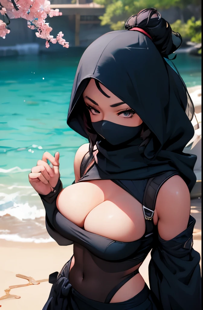 Beautiful girl, ninja, ninja costume, night, moonlit night, cherry blossom blizzard, big breasts, cleavage, sexy,