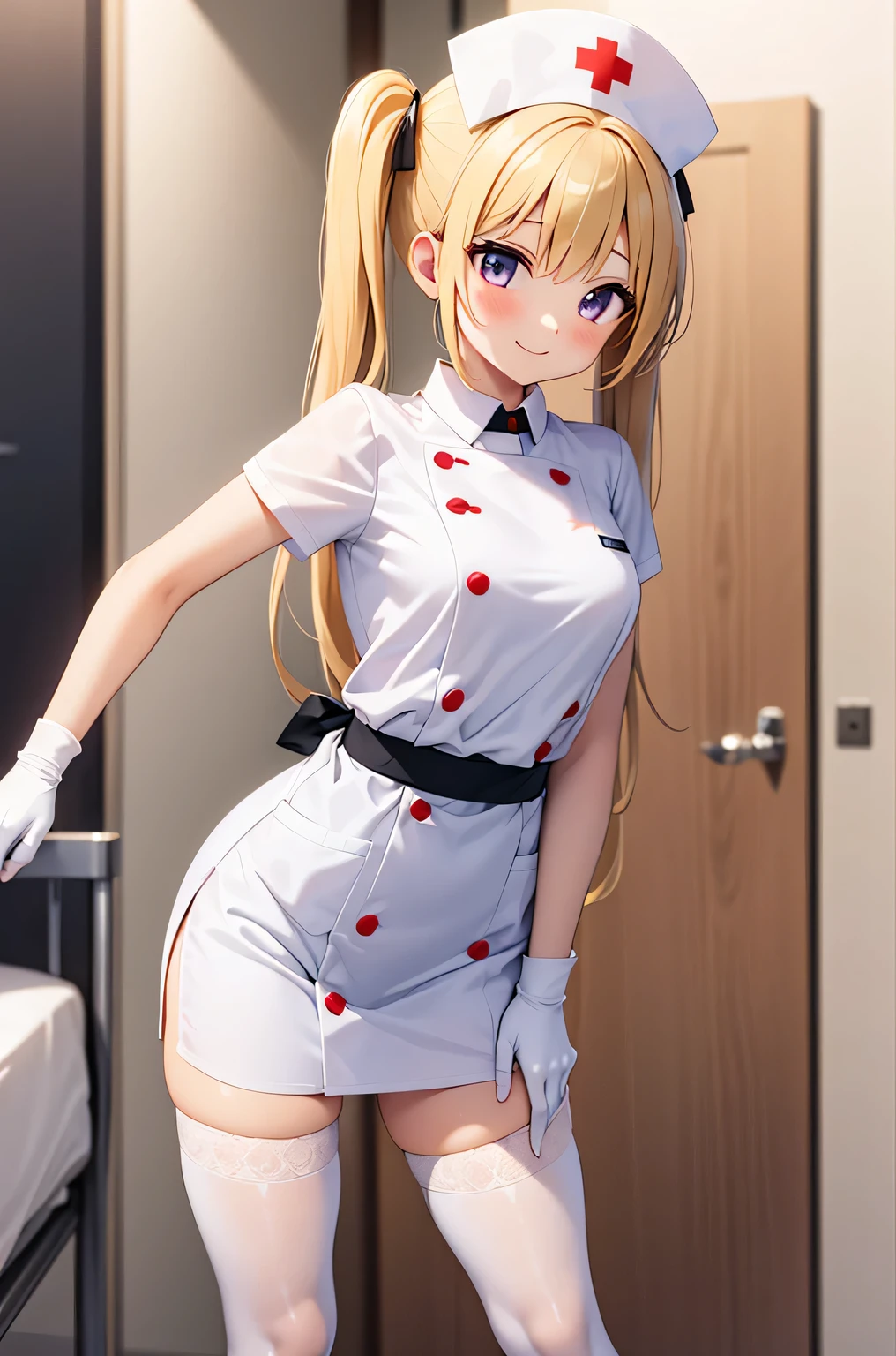 1 girl, alone, nurse, nurse cap, white clothes, ((white legwear, zettai ryouiki)), white gloves, twin tails, yellow hair, purple eyes, smile, Are standing, ((hospital room)), sharp outline, short sleeve, highest quality, masterpiece