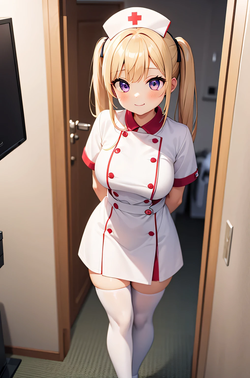 1 girl, alone, nurse, nurse cap, white clothes, ((white legwear, zettai ryouiki)), white gloves, twin tails, yellow hair, purple eyes, smile, Are standing, ((hospital room)), sharp outline, short sleeve, highest quality, masterpiece