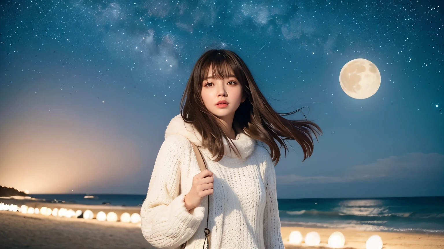 A Girl at the Beach, brunette hair color, white_beige dress color, Nighttime, looking at the sky, friendly face look like, Fullmoon, Bright night, wearing fur sweater, alone, starry night, 