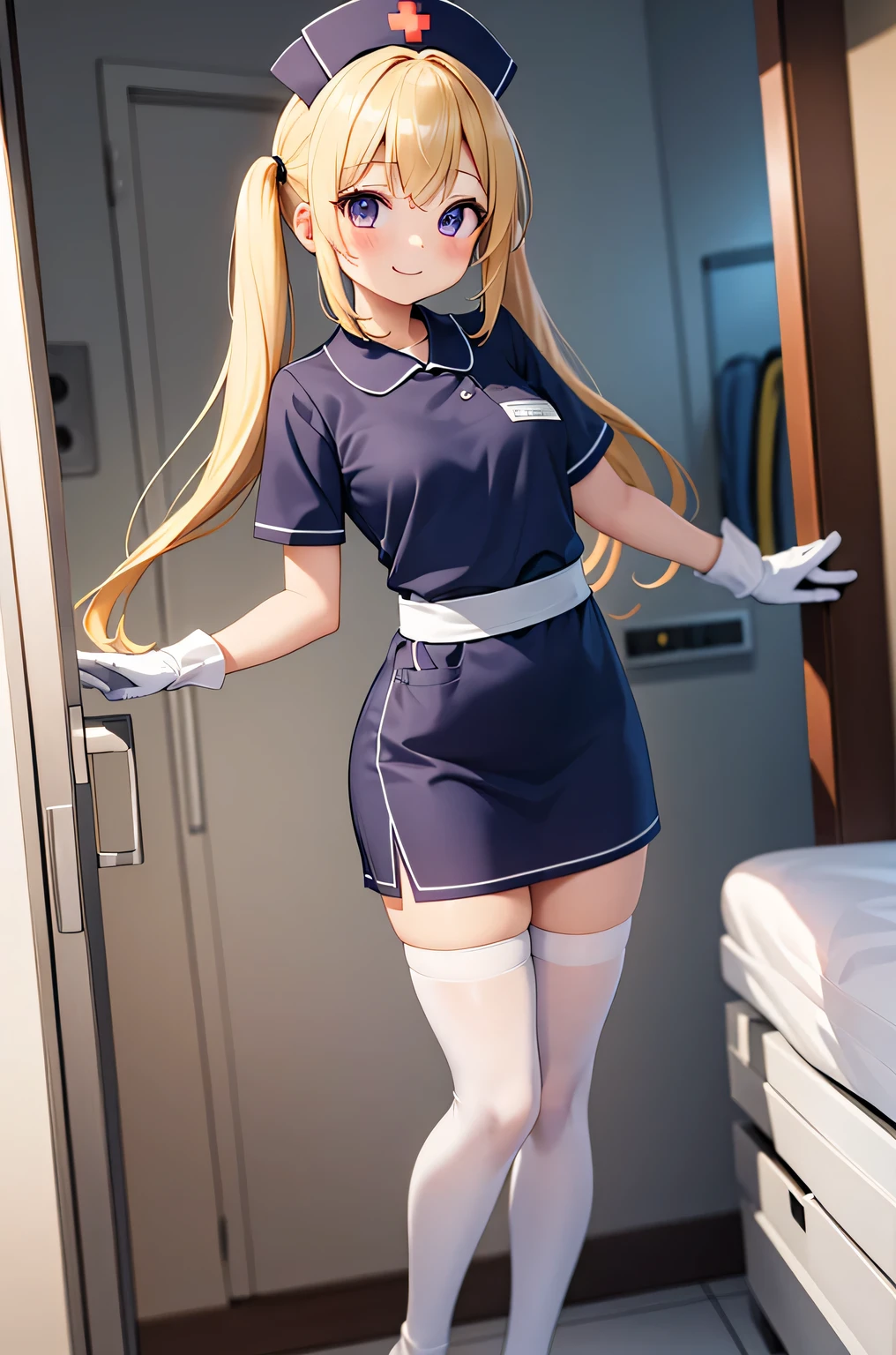 1 girl, alone, nurse, nurse cap, white clothes, ((white legwear, zettai ryouiki)), white gloves, twin tails, yellow hair, purple eyes, smile, Are standing, ((hospital room)), sharp outline, short sleeve, highest quality, masterpiece