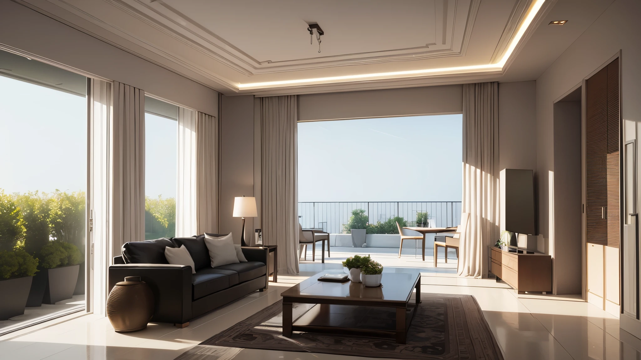 you are a famous interior designer、I was asked to create a 3D image of a large modern room.。. Create a harmonious environment with modern and minimalist furniture. Including garden interior.