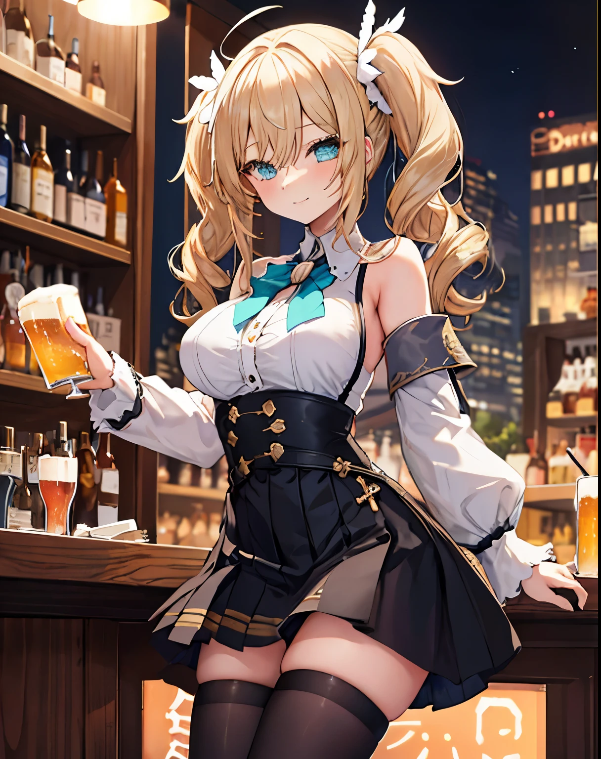 masterpiece,1girl, sparrow, a blonde haired girl, wearing a priestess uniform, curly long hair, messy hair, black skirt, slim body, big breasts, she close her left eye, shirt ornament, ****ppai, naughty smile, beautiful breasts, rounded breasts, aqua eyes, dress, miniskirt, dancing at bar, ahoge, barbara, night bar, she drink beer