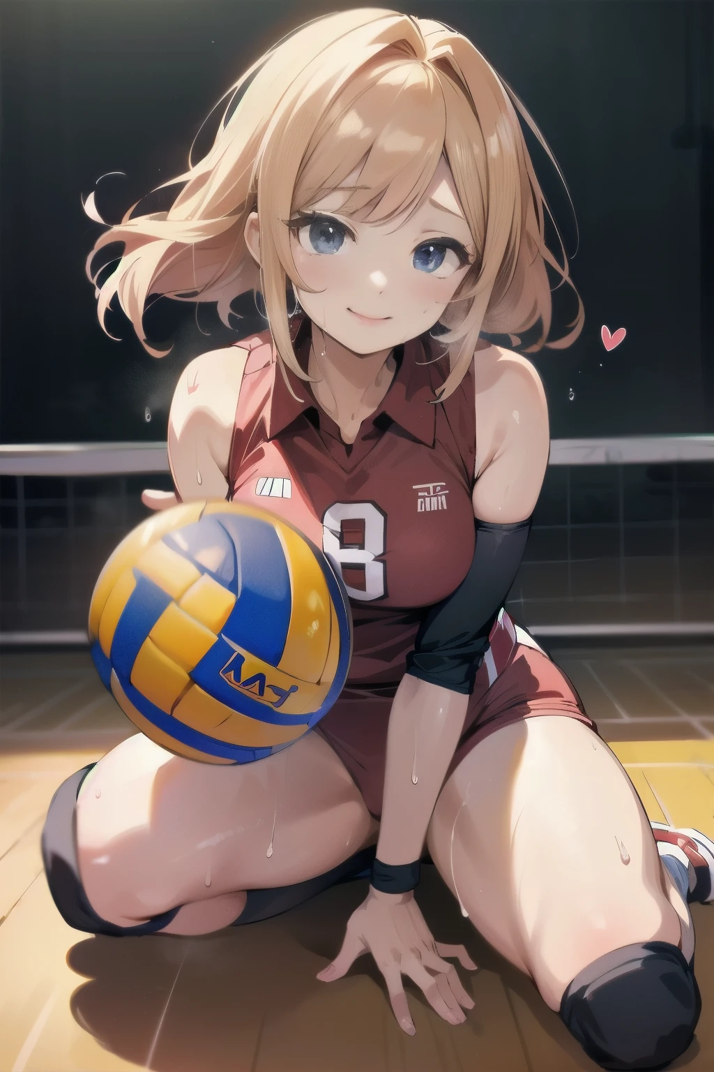 unity 8k wallpaper, anatomically correct, (((masterpiece))), (((best quality))), (((ultra detailed))), (((high-resolution))), ((Ultimate cutie)), perfect hands, perfect finger, (((good anatomy))), detailed beautiful face, shiny hair, (((gyaru))), (potbelly), (curvy), medium breasts, ((Thick thighs)), (((solo))), ((seductive smile)), (((blush))), 
BREAK, (((sit astride the perfectly spherical shape 6-inch volleyball))), (((Straddling a perfectly spherical 6" volleyball))), (((Perfectly spherical 6" volleyball fits perfectly crotch))), BREAK, (((Rub the  Perfectly spherical 6" volleyball against crotch))), masturbation, 
BREAK, (Collared volleyball uniforms), sleeveless, ((buruma)), ((kneepad)), pussy juice stained, (elbow pad), (((sweat))), (((covered in sweat))), ((deep breathing)), in Volleyball Court, indoor, lighting,  looking at viewer, full body, (spoken heart)