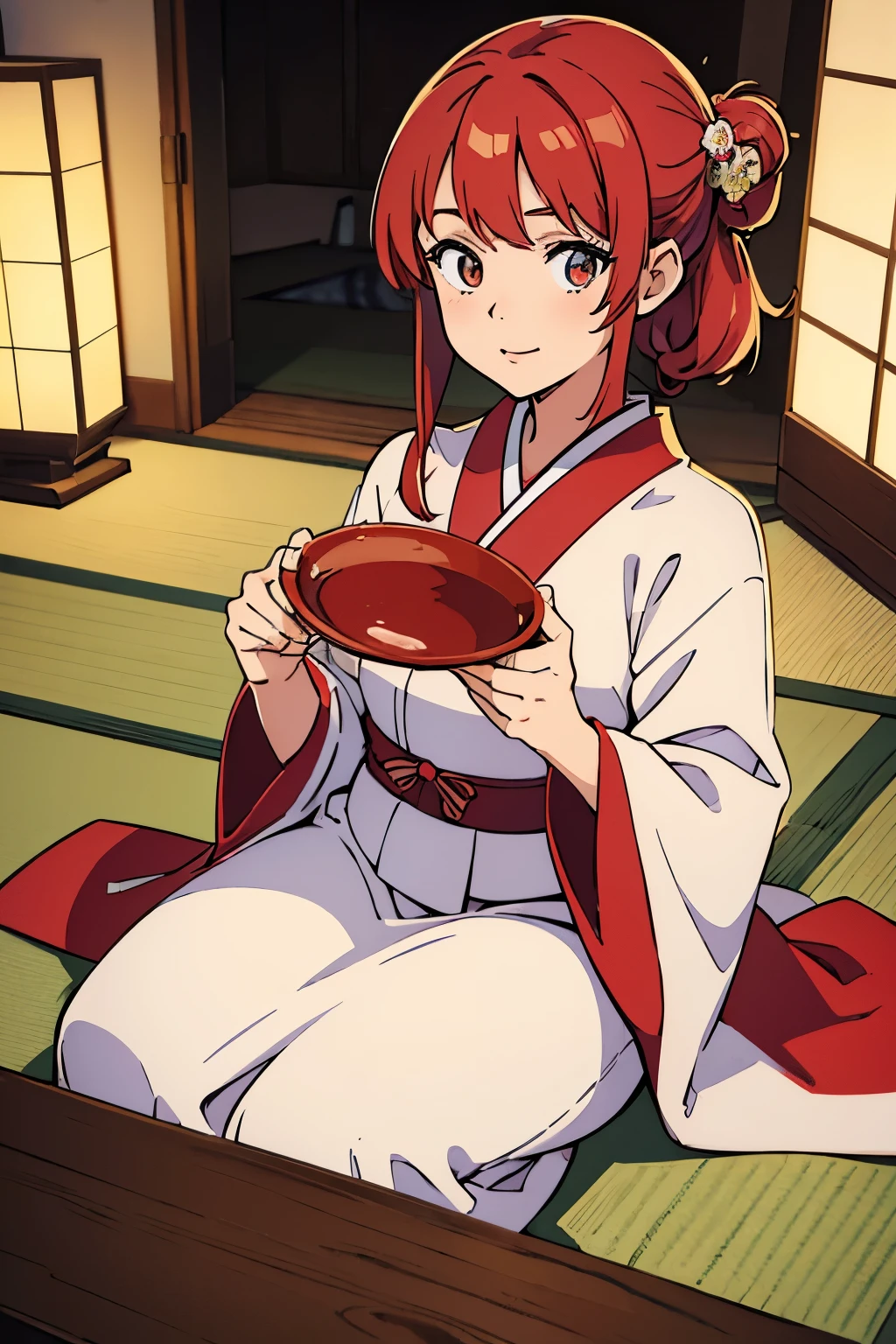 (Best quality:1.1), (Masterpiece:1.4), (Illustration fantastique:1.2), 1fille, cute girl, red hair, white clothes, japanese girl, japan 🇯🇵 