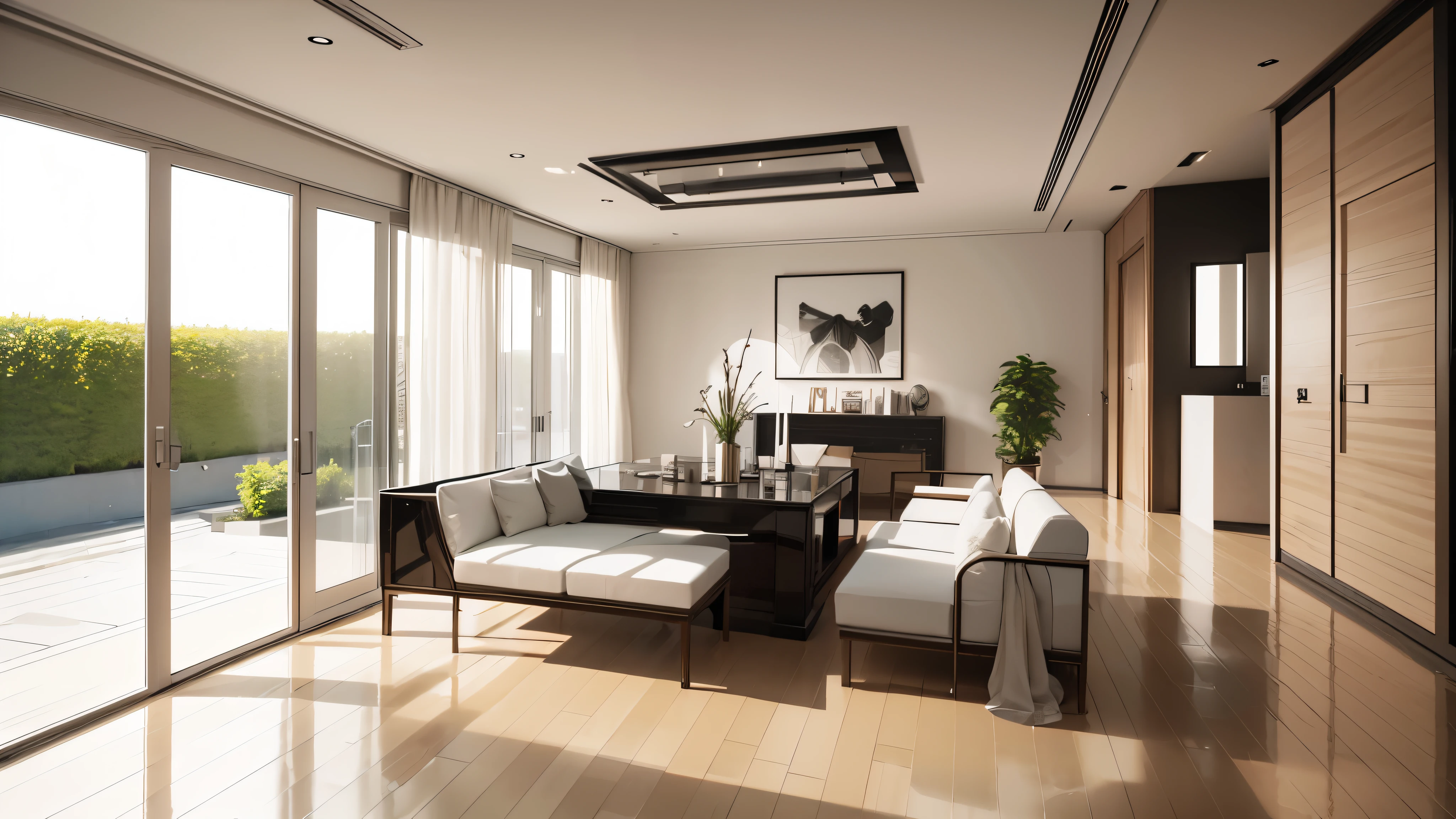 you are a famous interior designer、I was asked to create a 3D image of a large modern room.。. Create a harmonious environment with modern and minimalist furniture. Including garden interior.