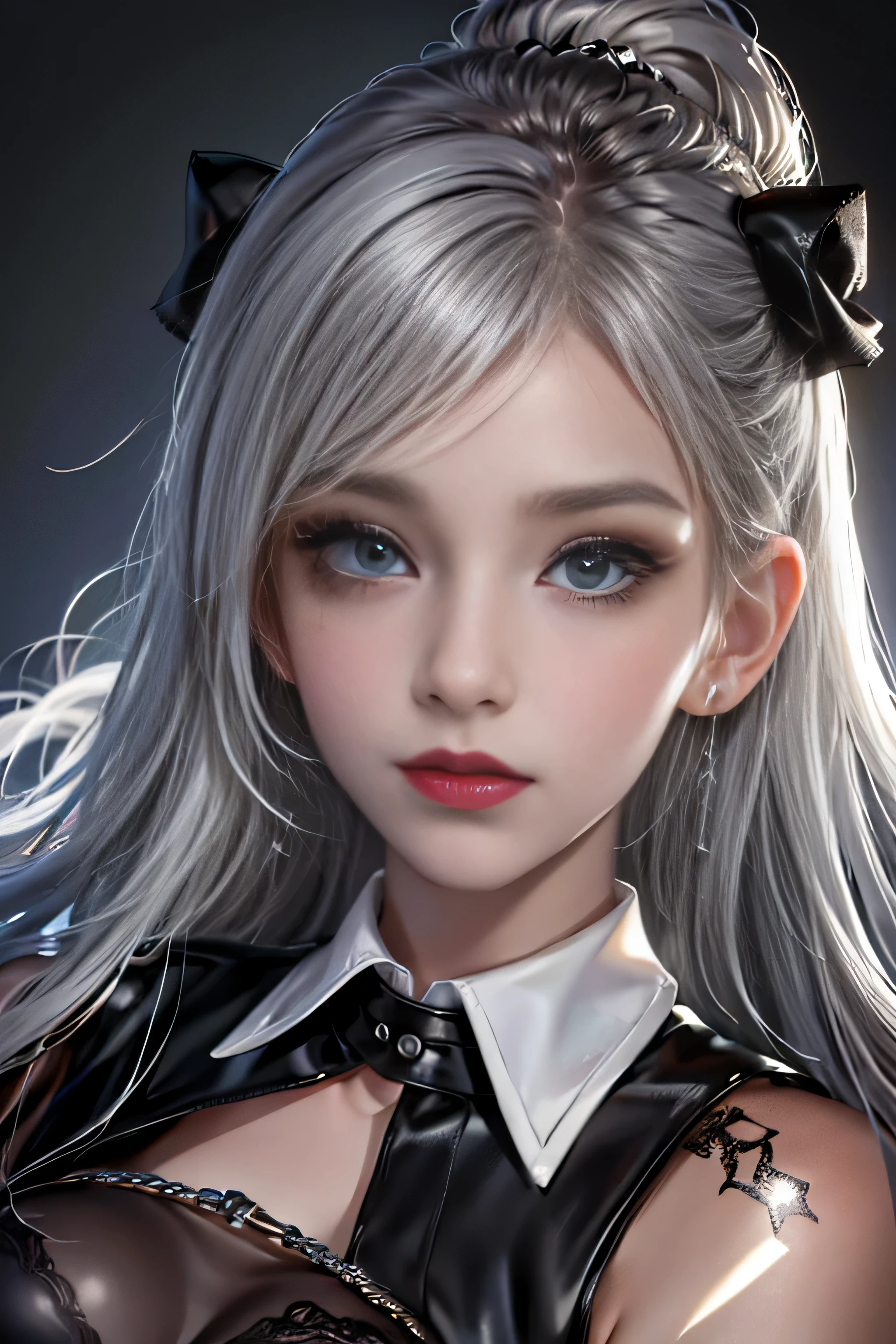 girl portrait photography, realistic, High resolution, 1 female, alone, Upper body, beautiful eyes, Close your lips, detailed face, gray hair, long hair, collared shirt, black tie,black skirt, pencil skirt, fur coat, stockings,(Black lace panties are visible)