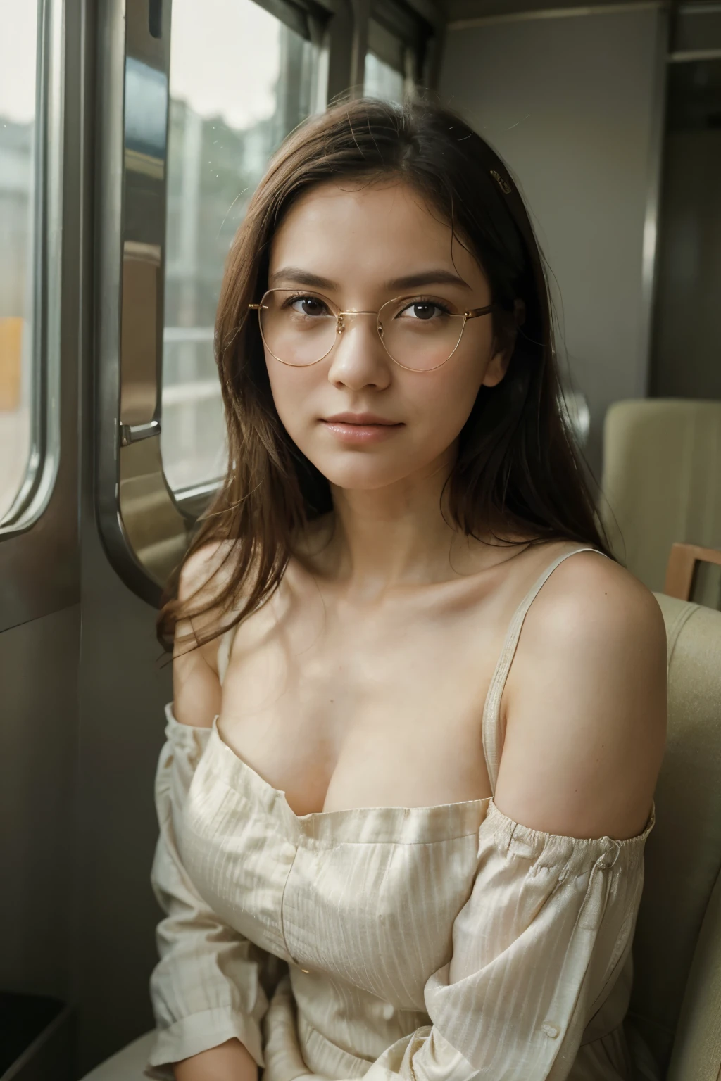 (best quality, Super detailed, golden ratio, masterpiece:1.2), theater lighting:0.7, photo of a woman, Wearing a very elegant off-shoulder dress, perfect face, (highly refined skin), black hair, cover mouth with hand、laugh at, Texture, pale skin, shiny skin, (thin, large size:1.2), [:(keenly attentive face, perfect eyes:1.2):0.2], lifelike, film grain, step one foot forward、looking up from below、look at camera、Emphasis on shoulders, focus on face、、Glasses、Raise the corners of your mouth when you smile、disdainful expression, summer haze, pastel colors, Soft warm colors, Photo Normal portrait of a woman dressed in a striped dress sitting by the window in the early morning, Normal, (incline:1.3) (on an old train) looks very cautious, Standing in the spotlight gathering dust clouds, key light, backlight, soft natural light, 摄影 film grain ISO 400 30 mm 镜头 RAW f1.8 aperture, Very detailed (analog photography:1), Color Human Development Report