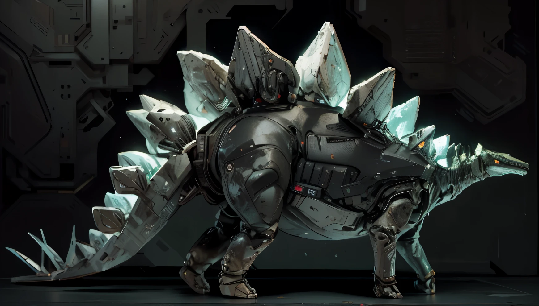 (futuristic:1.5,cyberpunk),(Black canvas background:1.4,blurred background:1.4), Mechanical stegosaur, (Mechanical body:1.2, mechanical limbs:1.2, gear joints, Glowing eyes, realistic scifi cyberpunk armo),Ray Tracing, Reasonable structure,backlight, close up, Mechanical elements,cybernetic, complex,Selective focus, high res