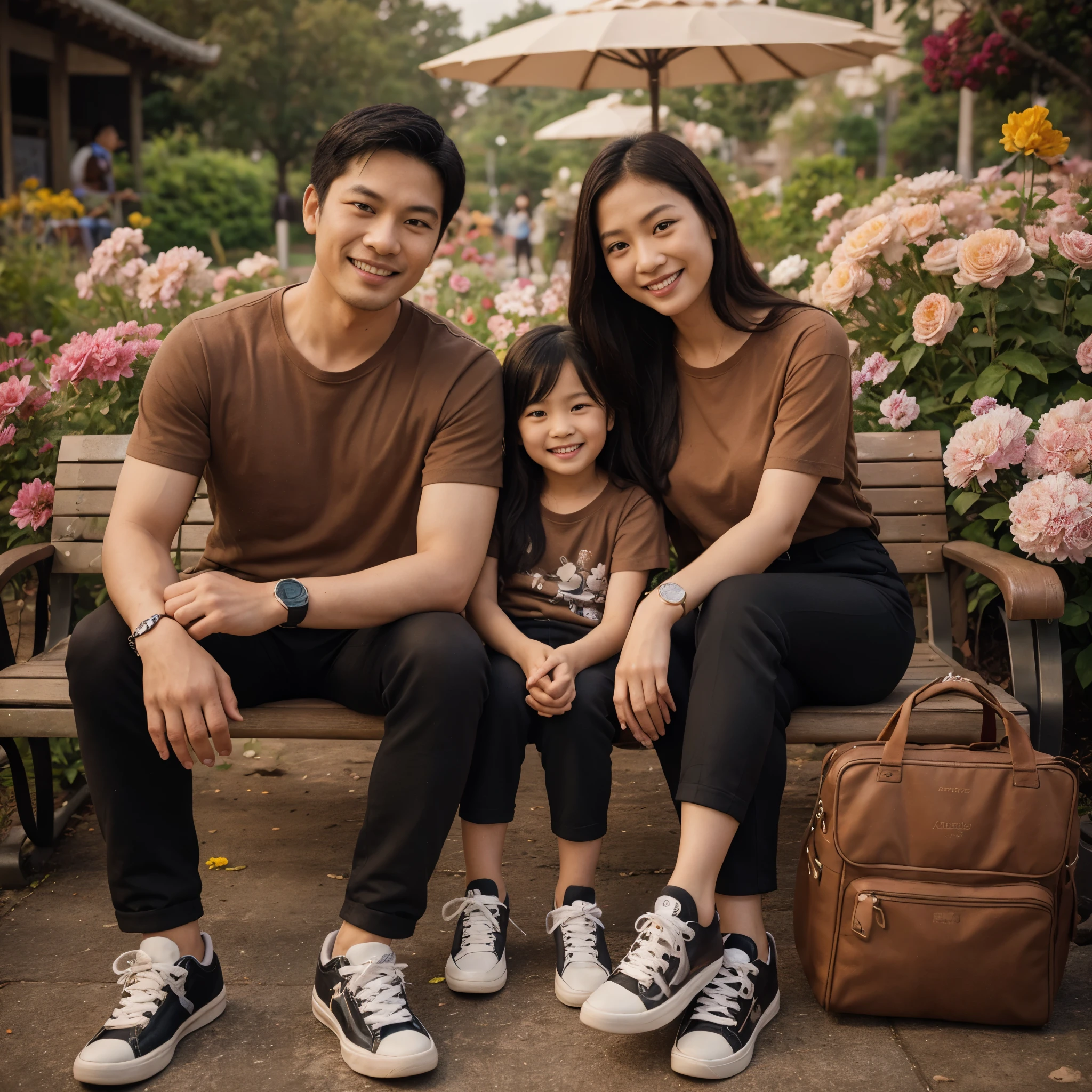 Realistic photo of an asian family, three: a father, a mother wearing, and a daughter. They sat on a park bench surrounded by beautiful flowers. They wore brown t-shirts, black pants, watches and matching bags. They smiled happily and brightly. The photo is detailed, very clear, of a sneaker
