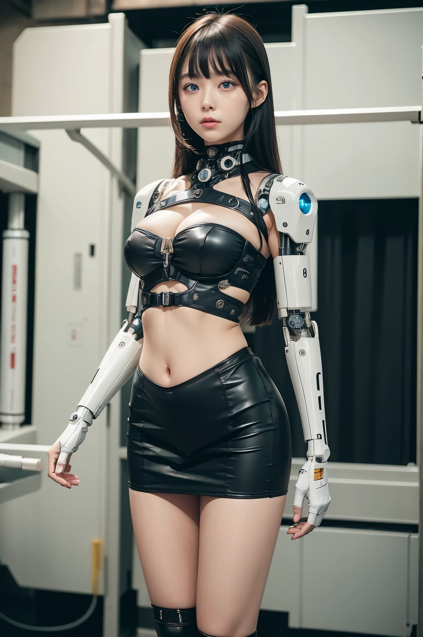 masterpiece, Best Quality, Extremely detailed, 8K portrait,Japaese Cyborg Girl,Plump ,control panels,Mechanical Hand, ,Robot arms and legs, Mechanical body,Blunt bangs,perfect robot woman,Charging spot,Long Tube,A thick cable was connected to her neck,ceramic body ,sneaker,dark black leggings,tight skirt,She is exhibits,She is exhibited on exhibition hall,blue eyes, 