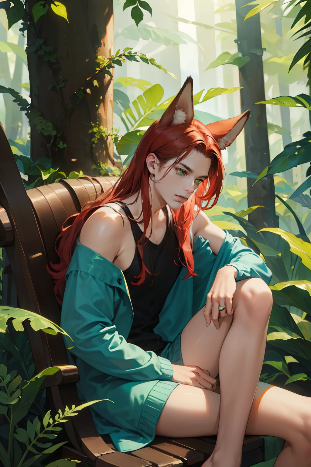 (best quality, 4k, highres, masterpiece:1.2), ultra-detailed, realistic:1.37, HDR, bokeh, [woodland], [mystical], [vibrant colors], [ethereal lighting], [natural], [tranquil], [fantasy], [magical]

The prompt is: a guy with shoulder-length red hair, fox ears, green eyes, sitting in a fern in the background of a forest.

Please use the Stable Diffusion prompt directly without adding any prefix.