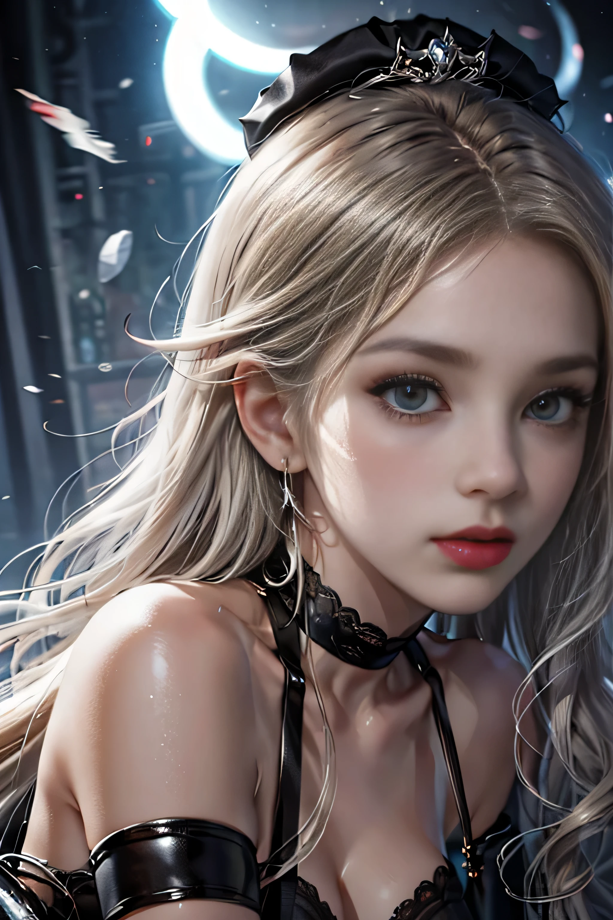 girl portrait photography, realistic, High resolution, 1 female, alone, full body shot, beautiful eyes, Close your lips, detailed face, gray hair, long hair, collared shirt, black tie,black skirt, pencil skirt, fur coat, stockings,(Black lace panties are visible)