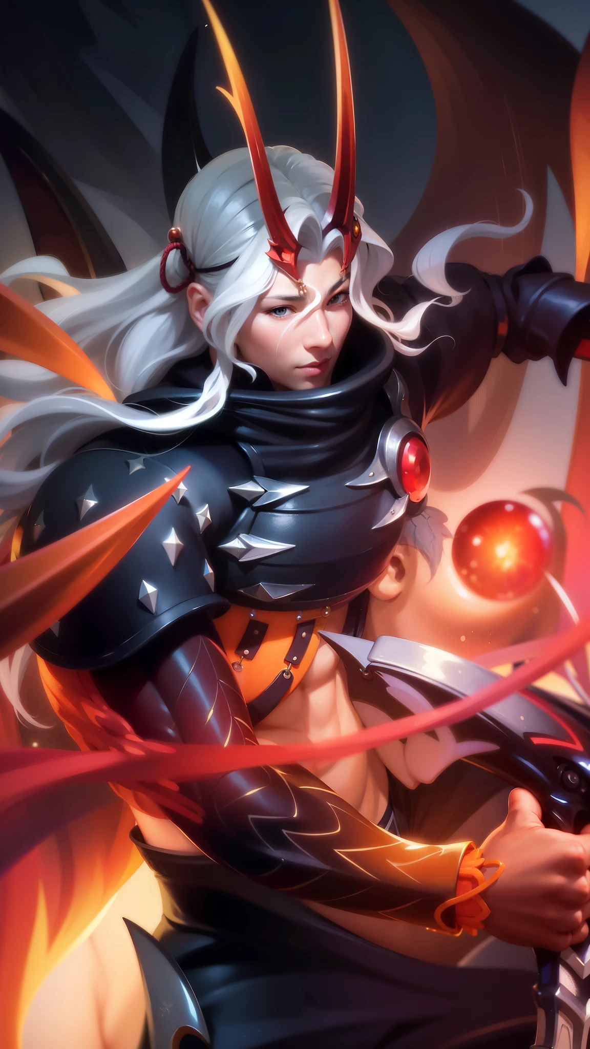 Best quality, masterpiece, detailed skin texture, detailed clothes texture, detailed face, super detail, 8k, intricate detail, 1 boy, The color doesn't change, Muscle guy, 1 guy, a close up of a person holding a sword and a fire ball, extremely detailed artgerm, onmyoji detailed art, ig model | artgerm, ashe, onmyoji, artgerm detailed, style artgerm, artgerm lau, artgerm. high detail, rossdraws sakimimichan, onmyoji portrait.