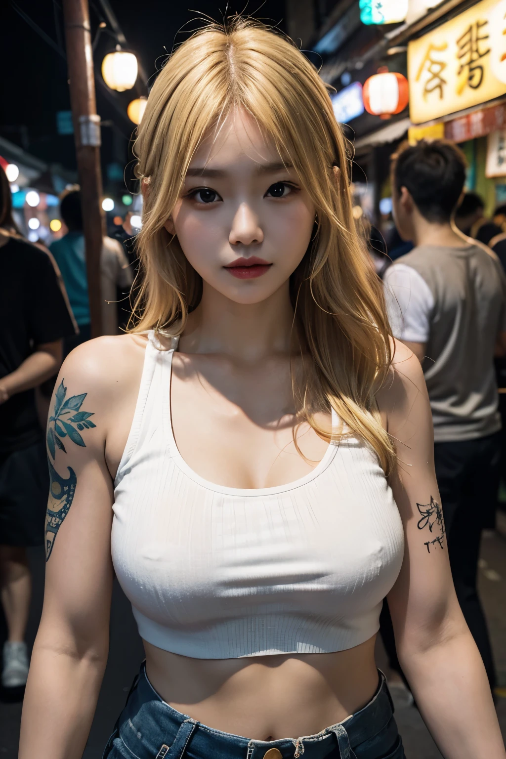 Top quality, one beautiful woman, face forward, blonde hair, many Japanese tattoos, tank top, little large breast, cowboy shot, 35mm lens, f/1, night market, Taiwan