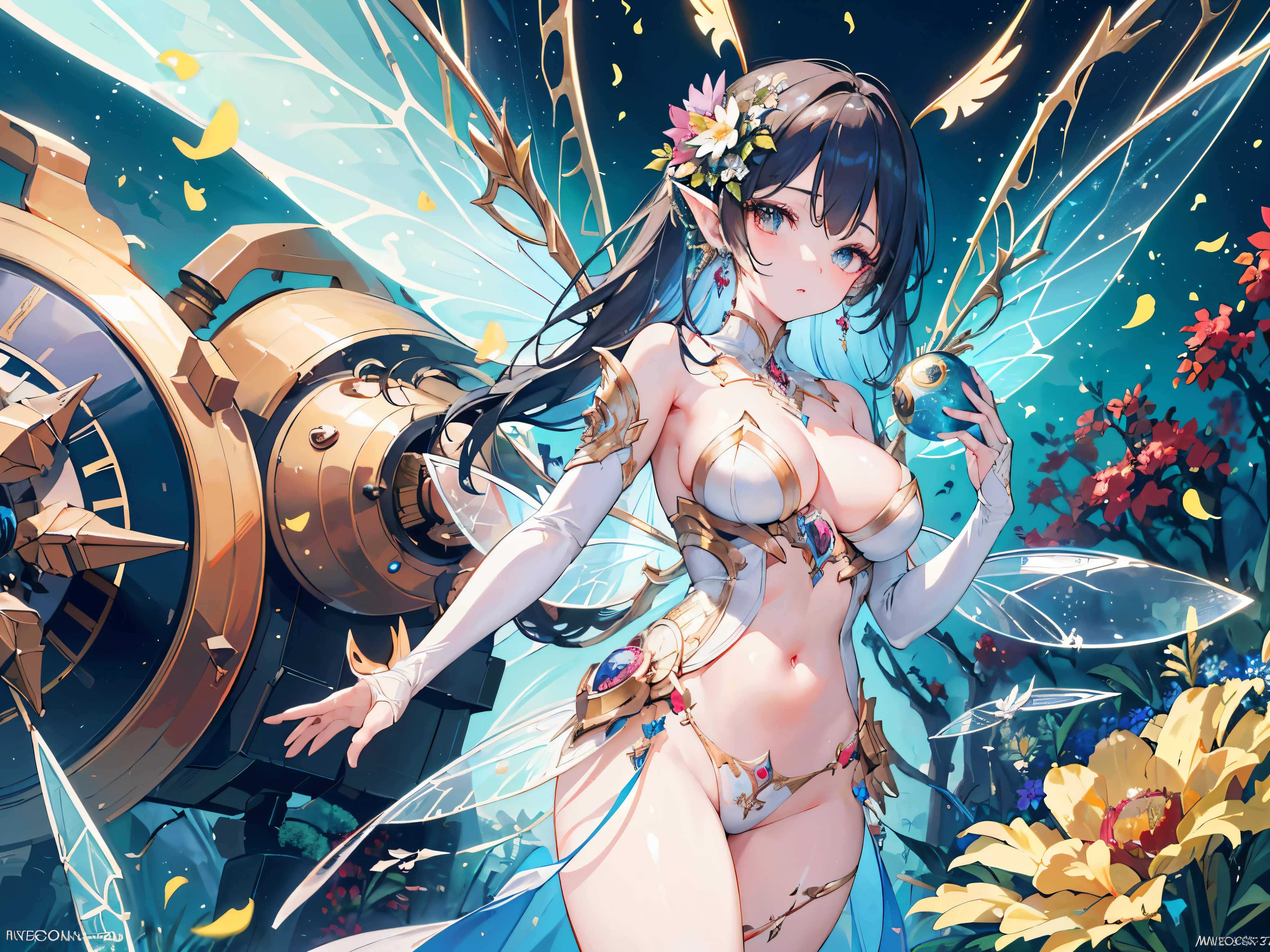 (Masterpiece,top quality,top quality,Exquisite and beautiful:1.2),1 girl in,The facial details are particularly rich,Artificially created fairies,super quality,Ultra-fine lines,lens flare,((Mechanical Fairy,Symmetrical wings,electronic fairy)),Mechanical flower landscape,Machine Eyes,((Colorful 1.5)),Mechanical World,
