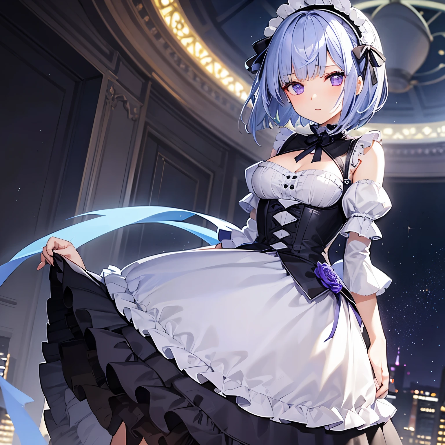 Light blue-violet hair、short bob hair、blunt bangs,violet eyes、whole body、High quality、standing position、1 girl、Sparkling night view background、Sorrowful expression,Gothic Lolita,black dress,