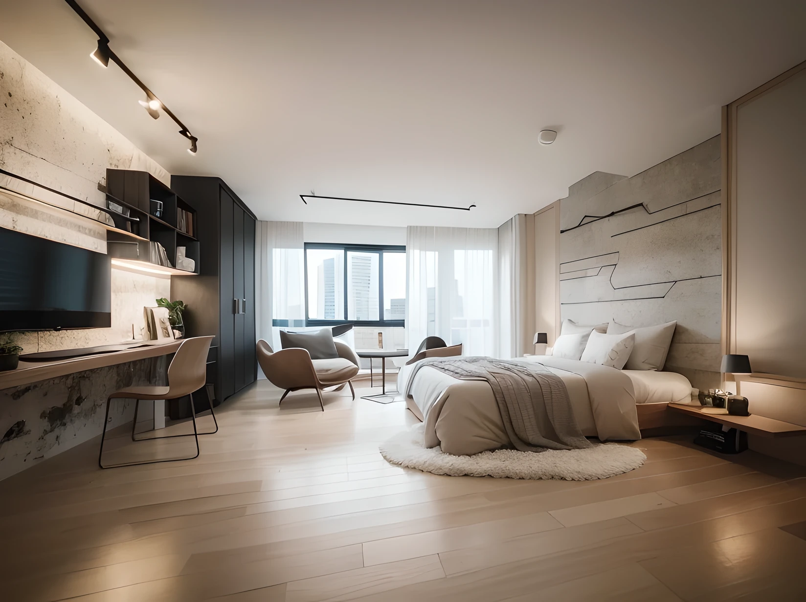 there is a bed in a bedroom with a gray wall, bed room, flat grey color, popular interior design style, grey color scheme, modern and minimalist, high-quality render, dim bedroom, bedroom interior, realistic 3 d style, vray 8k render, small bedroom, 8k vray render, neotraditional modern minimalist, render vray