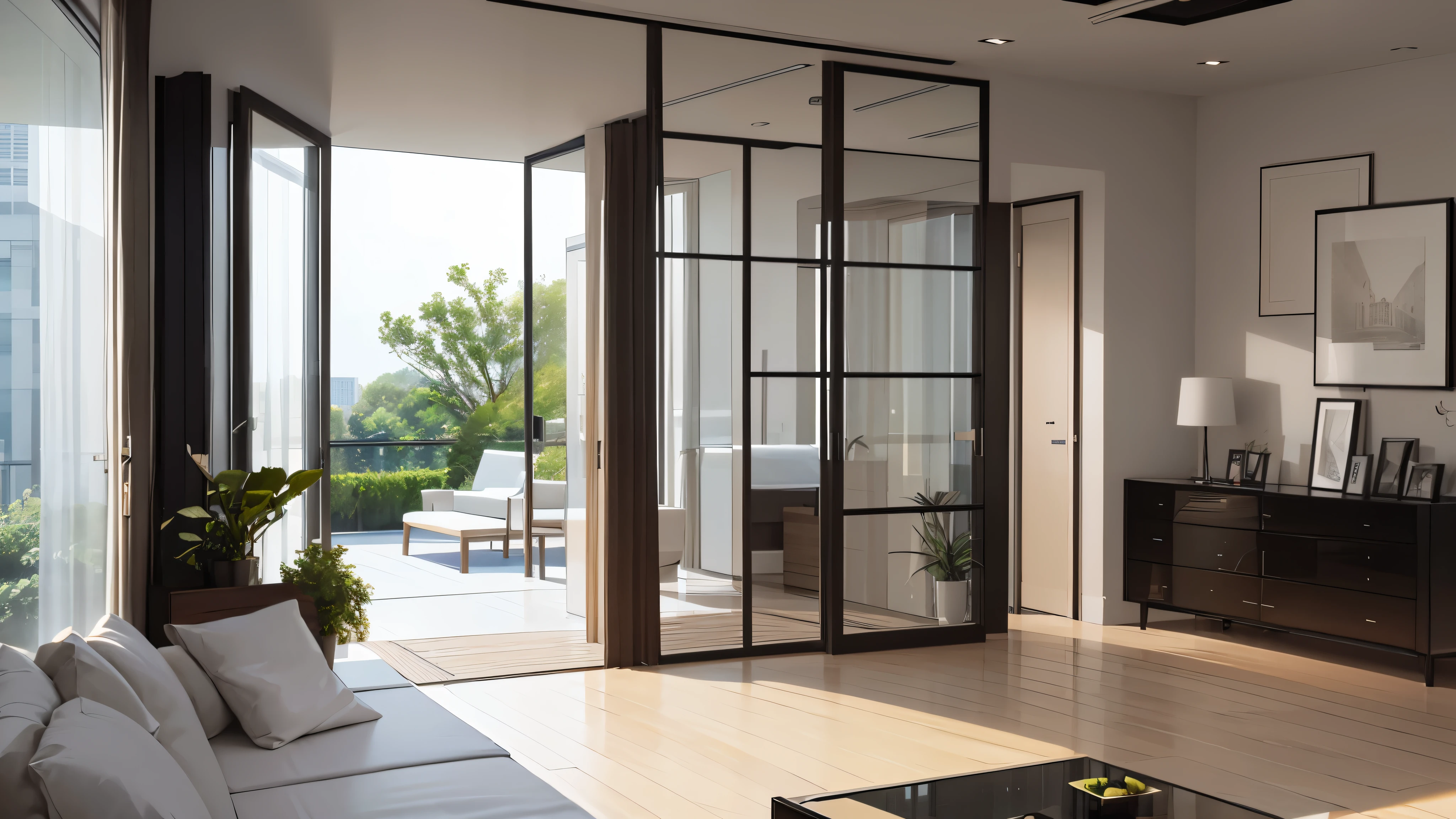 you are a famous interior designer、I was asked to create a 3D image of a large modern room.。. Create a harmonious environment with modern and minimalist furniture. Including garden interior.
