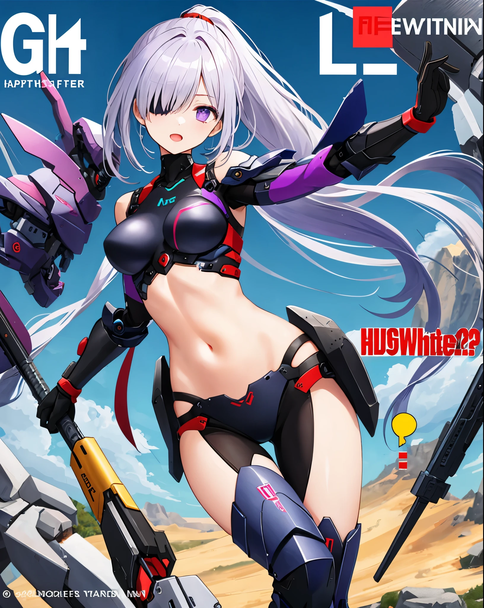 ,1girl,(:1.5), (short_ponytail:1.3), (light_whitish_purple_hair:1.3),black_mechanical_armor_parts,white_breasts_parts_red_black_body_suit,bare_shoulder,bare_slender_thighs,medium_breasts,on_the_desk, desk_background,Stinging_eyes,sleepy,thighhigh_greaves,gauntlets,dynamic_posing,bare_frank,metal_red_parts_armor,red_eye,solo,
fists,hold_weapon,glare,navel,large_mechanical_parts,happy,waist_armor,open_mouth,rise_legs,apart_legs, (covered_navel:1.3),(very_long_bangs:1.3), (hair_over_one_eye:1.5),(long_bang_covers_right_half_of_face:1.5),
(covered_pussy:1.1),covered_breasts,fighting,