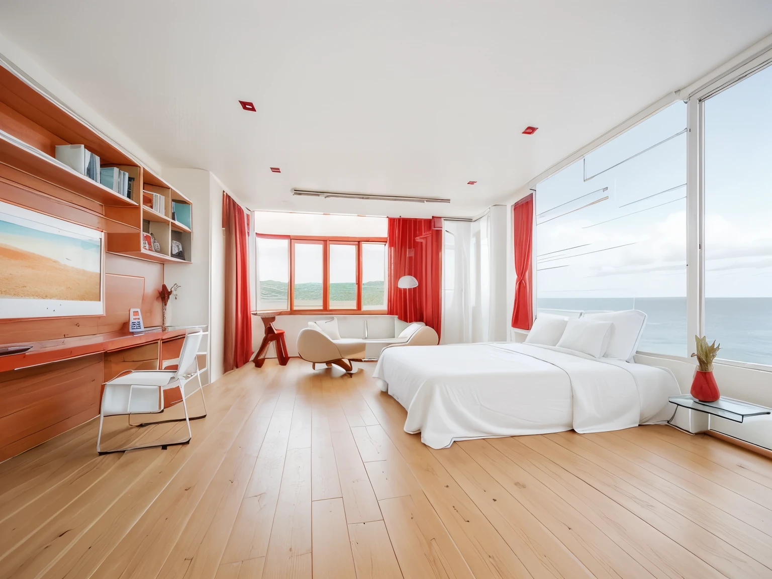 wooden floor,  red chair, glass window, white wall and ceiling, sea view