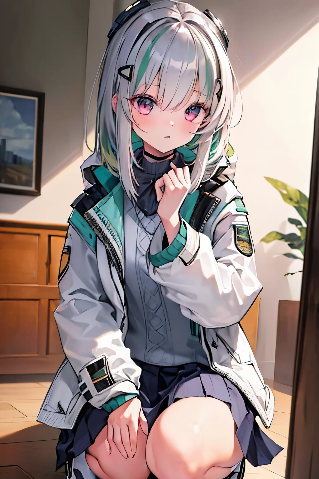 (masterpiece, best quality:1.2), illustration, 8k, hd, solo, 1girl, bangs, hair between eyes, silver hair, green streaked hair, uniform, pleated skirt, cowboy shot, pink eyes, nikkeadmi, sweater, white jacket, short, very young, squatting,