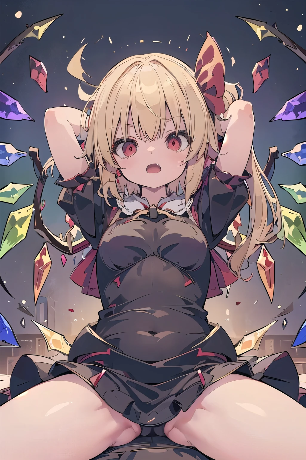 masterpiece, medieval townscape horizon Upper body girl, big breasts, ((((((attle dress knight))))), nsfw, spread legs hands behind head (((flandre))) blunt bangs, bob hair, red eyes looking at the viewer ((from front)), open mouth, scared, standing, spread legs orgasm, scared, arms up behind, ((abs)) ahegao, angry, fang,