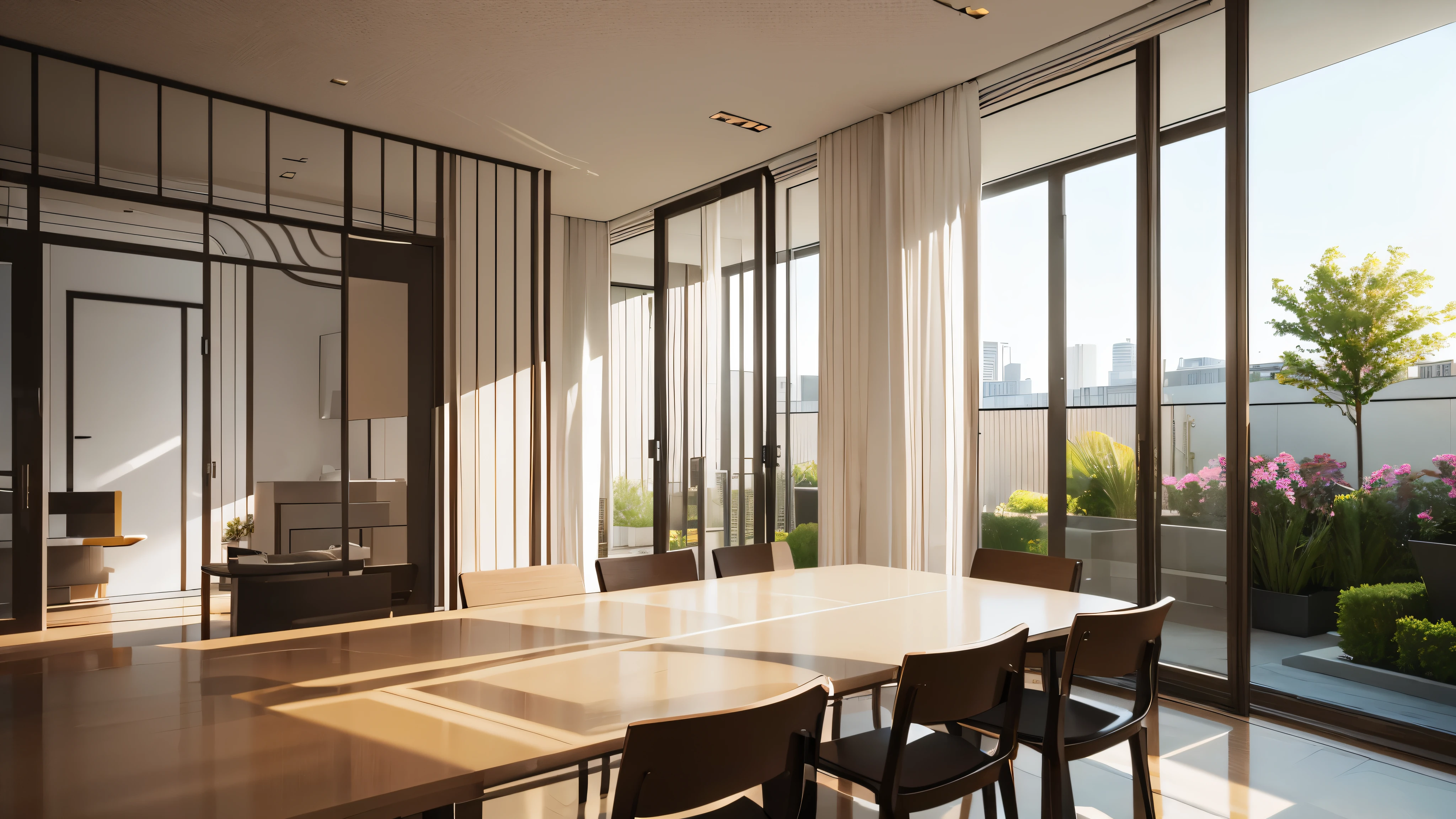 you are a famous interior designer、I was asked to create a 3D image of a large modern room.。. Create a harmonious environment with modern and minimalist furniture. Including garden interior.
