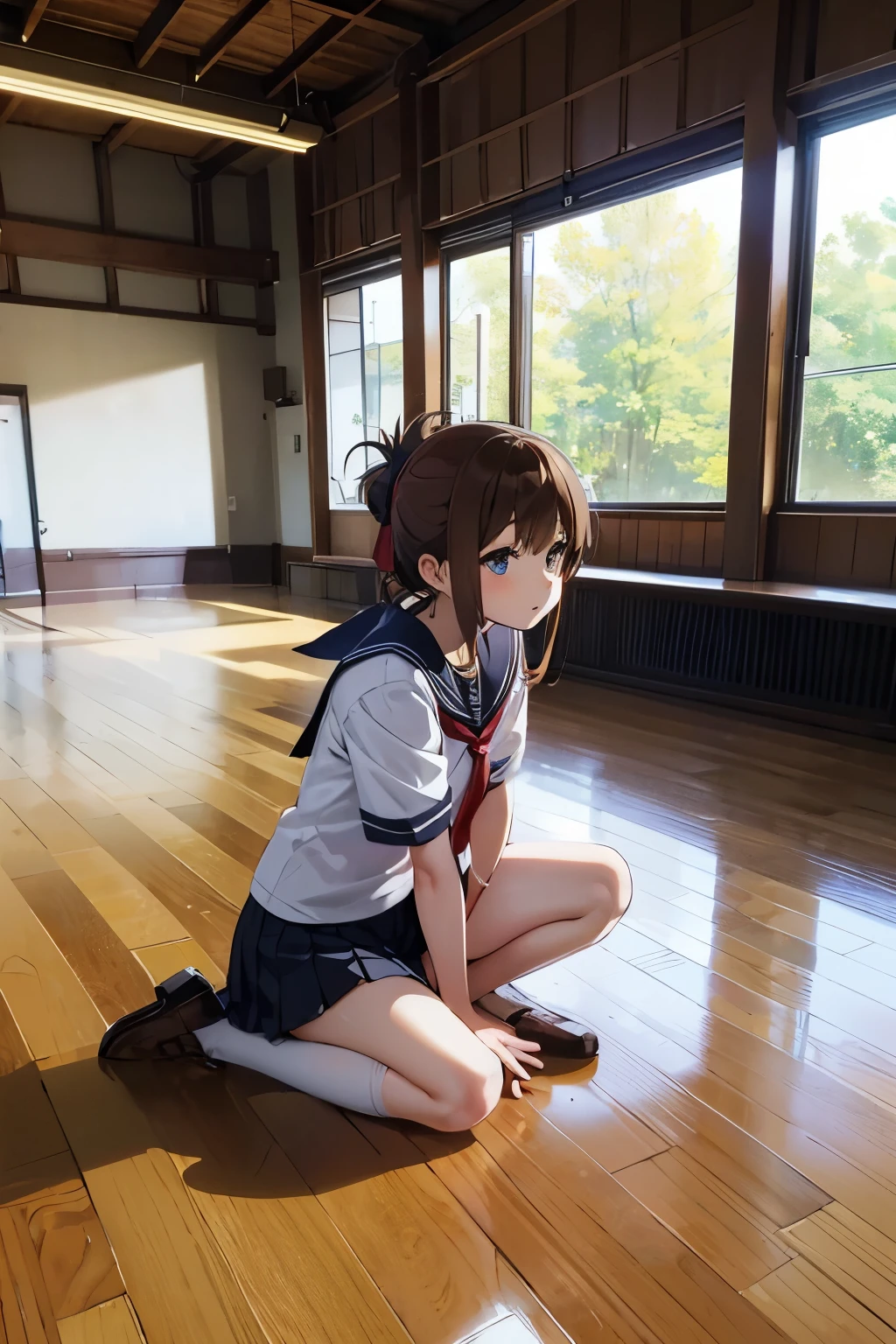 I am observing a class in the school gymnasium holding my knees because I am not feeling well.(masterpiece, best quality:1.2),illustration,8k,hd,1girl,solo,upper body,(portrait:1.2),brown_hair,folded_ponytail,brown_eyes,serafuku,long_hair,school_uniform,skirt,pleated_skirt,